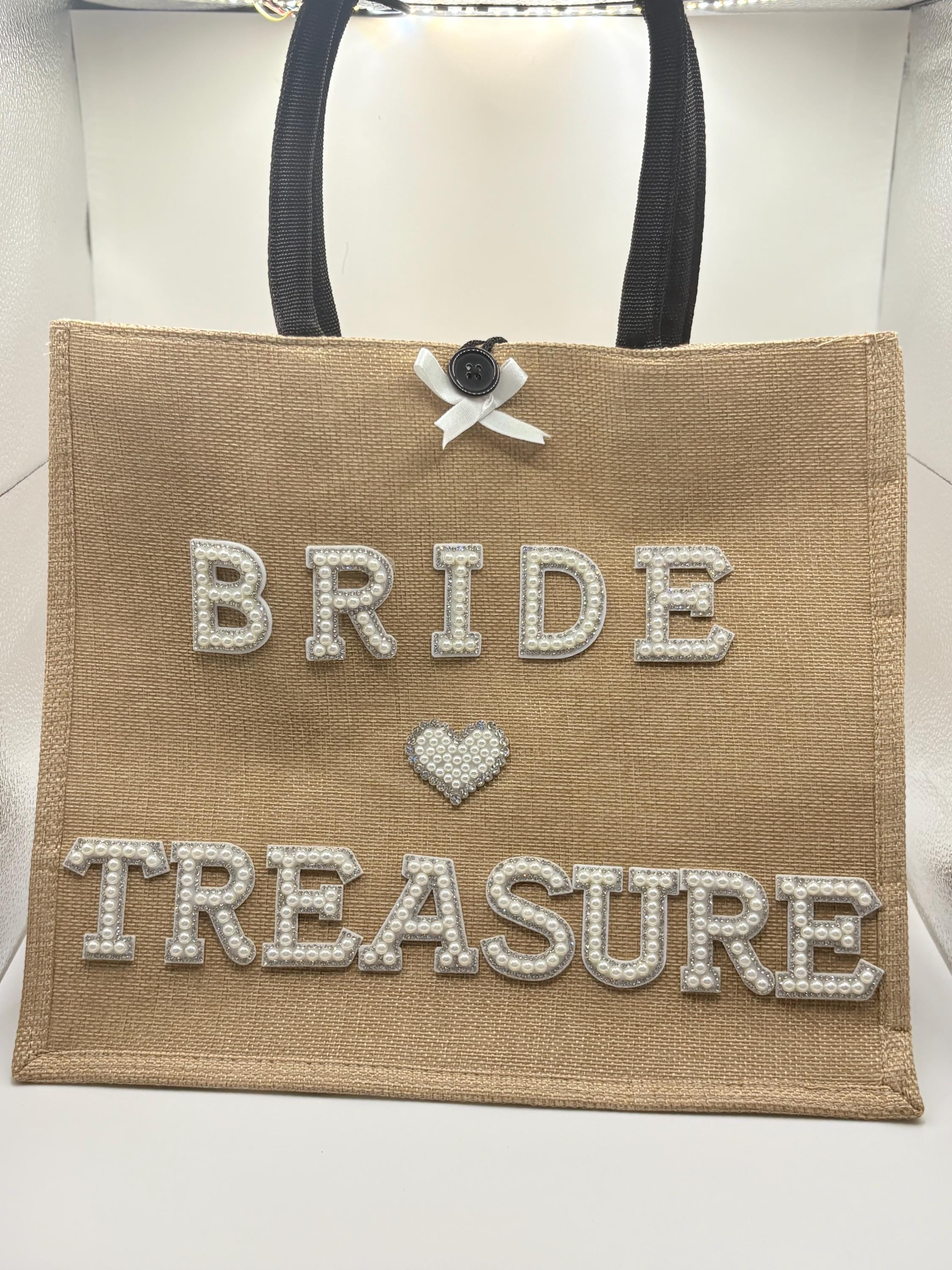 Bride "Treasure" Jute Tote Bag: Pearl & Rhinestone Wedding Day Bag