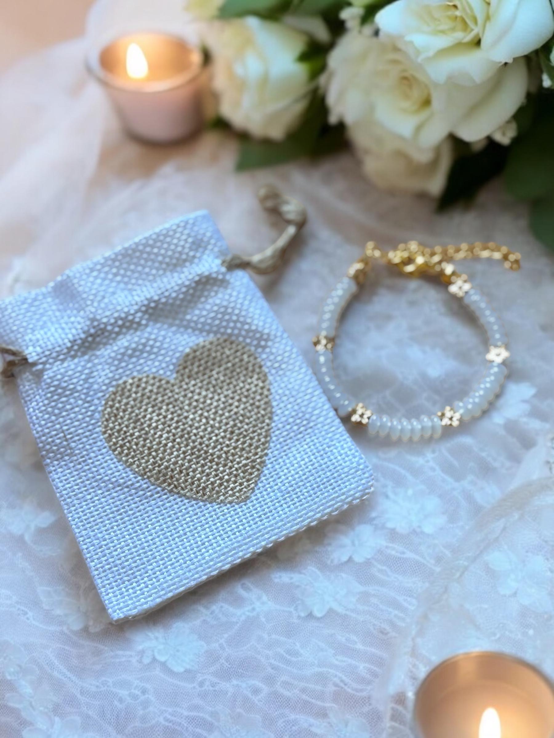 Flower Girl Bracelet: White Beaded Bracelet with Gold Flowers