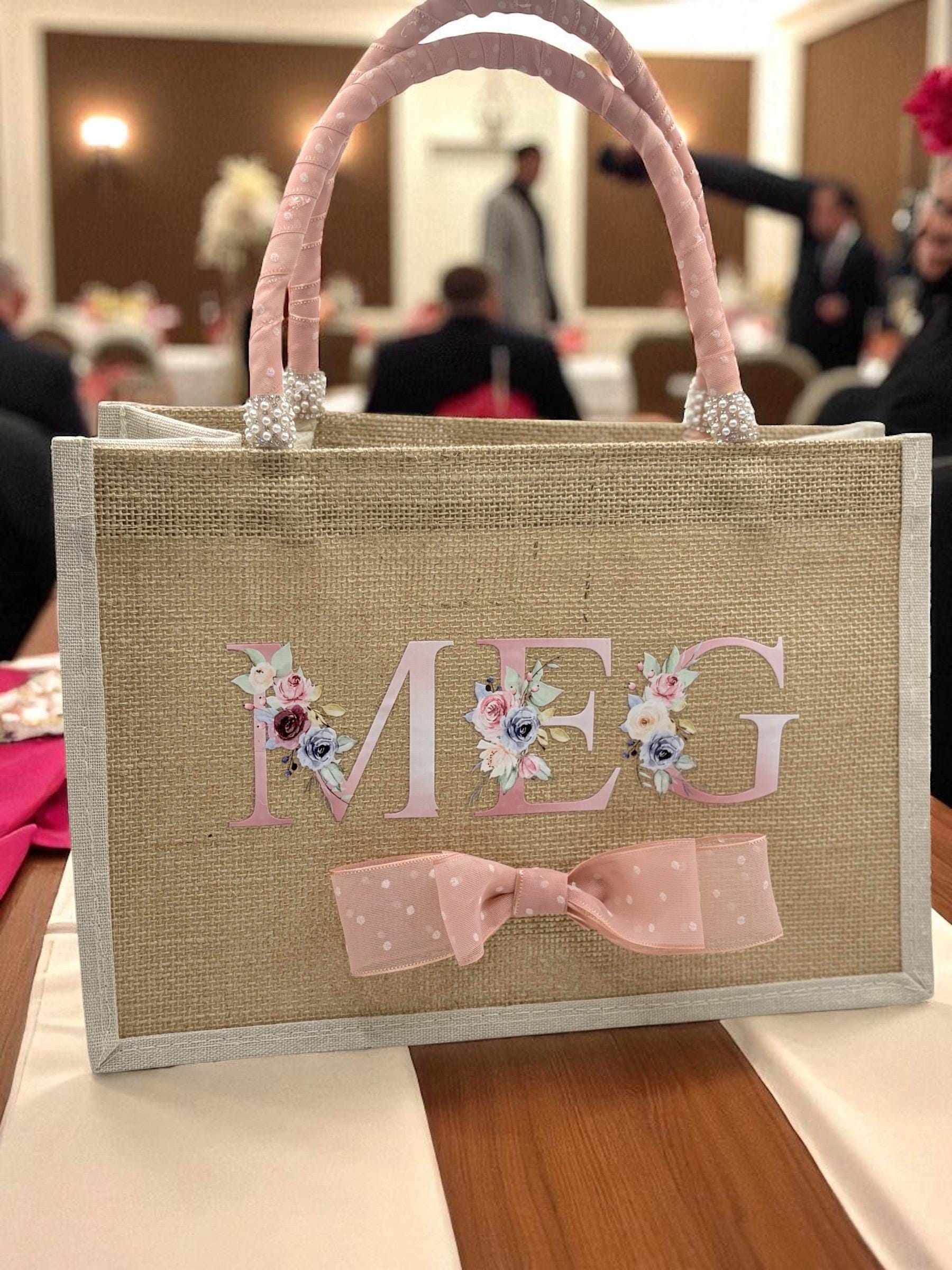 Personalised Jute Bridal Tote Bag - Pearl & Rhinestone Wedding Day Bag Gift