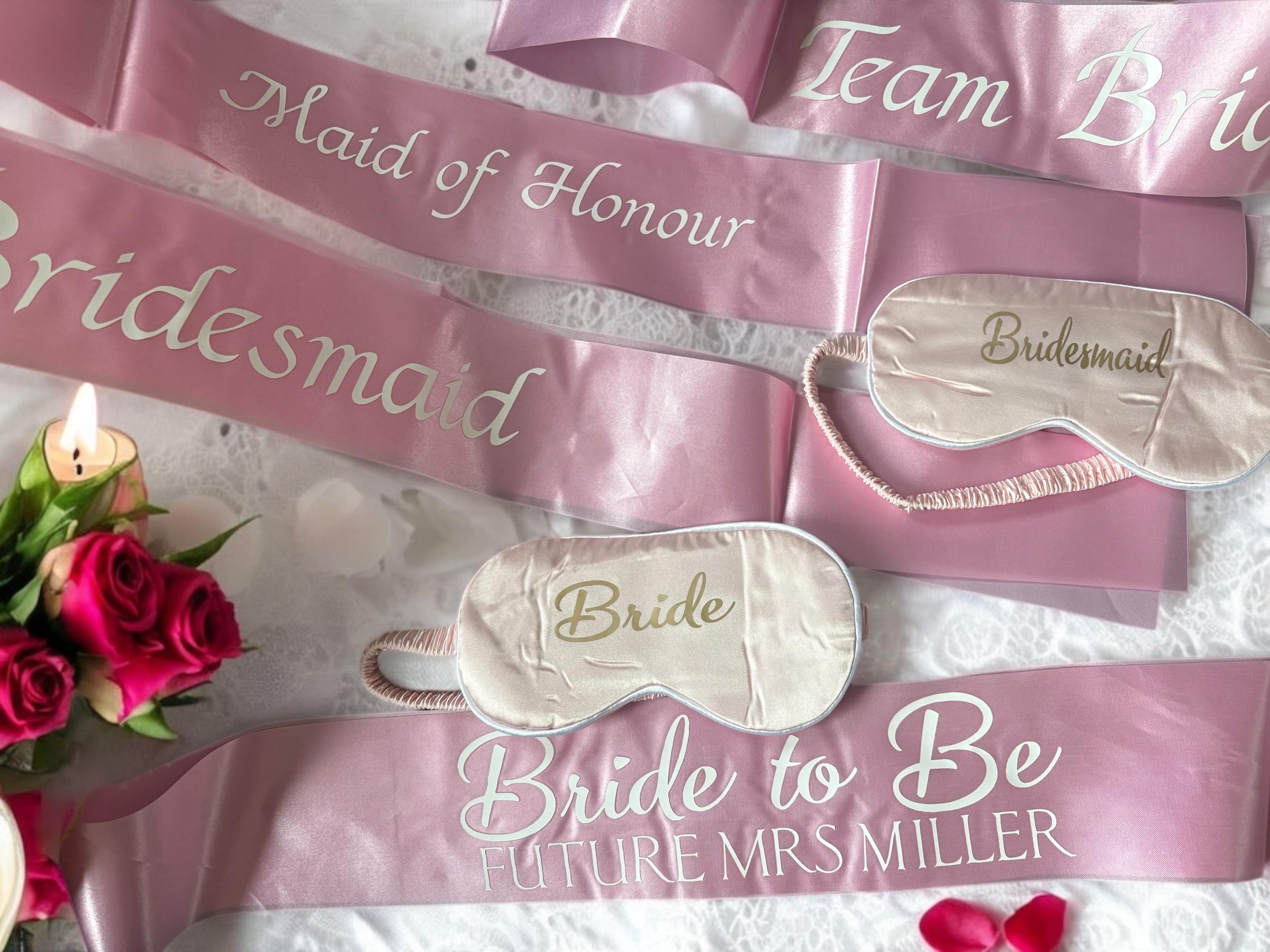 Pink Satin Bridesmaid Sleep Mask - Gold Lettering Bridal Party Gift
