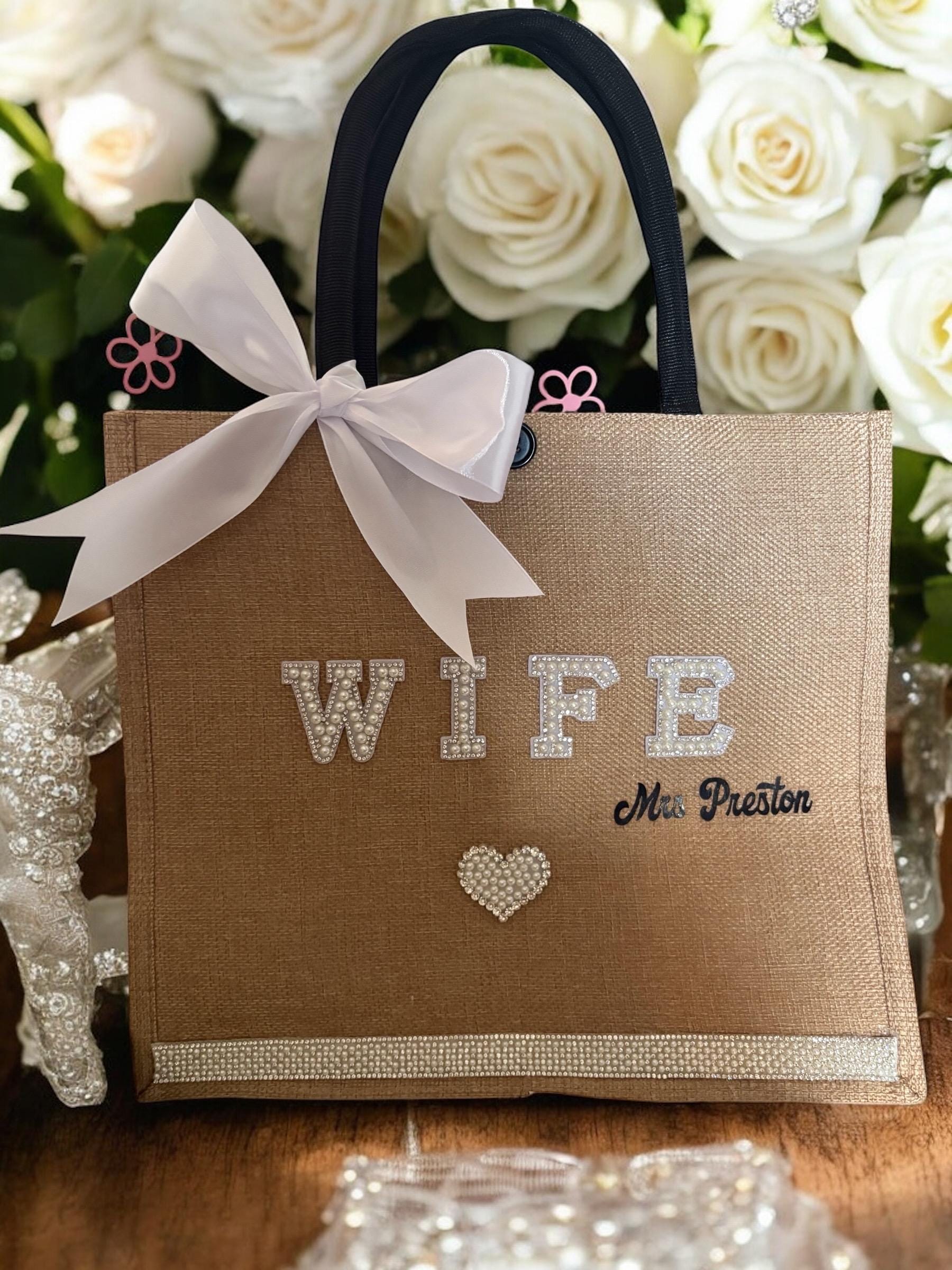 Personalised Bride Jute Tote Bag - Pearl & Rhinestone Wedding Day Essentials Bag