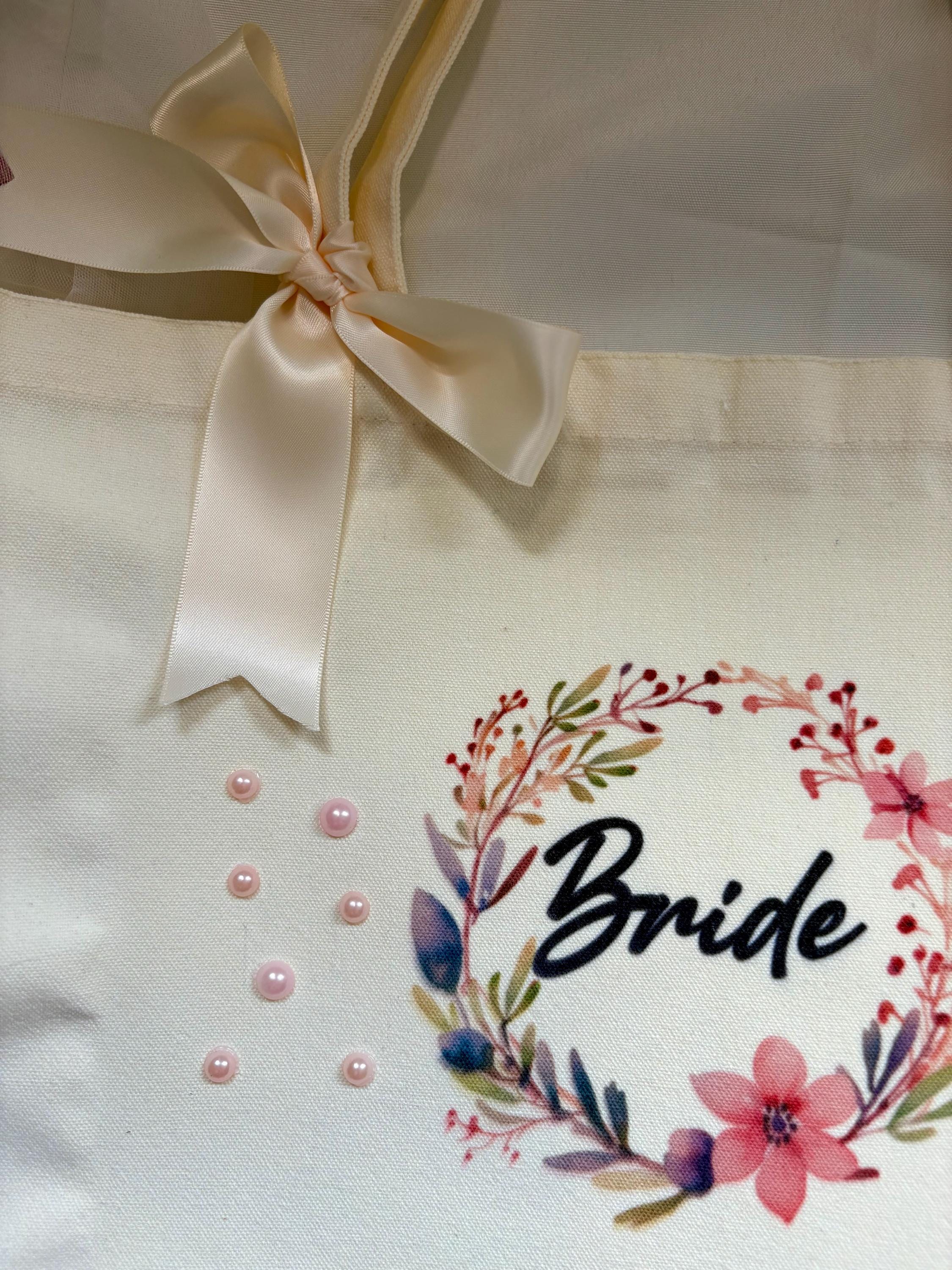Floral Bride Tote Bag with Ribbon: Bridal Party Gift