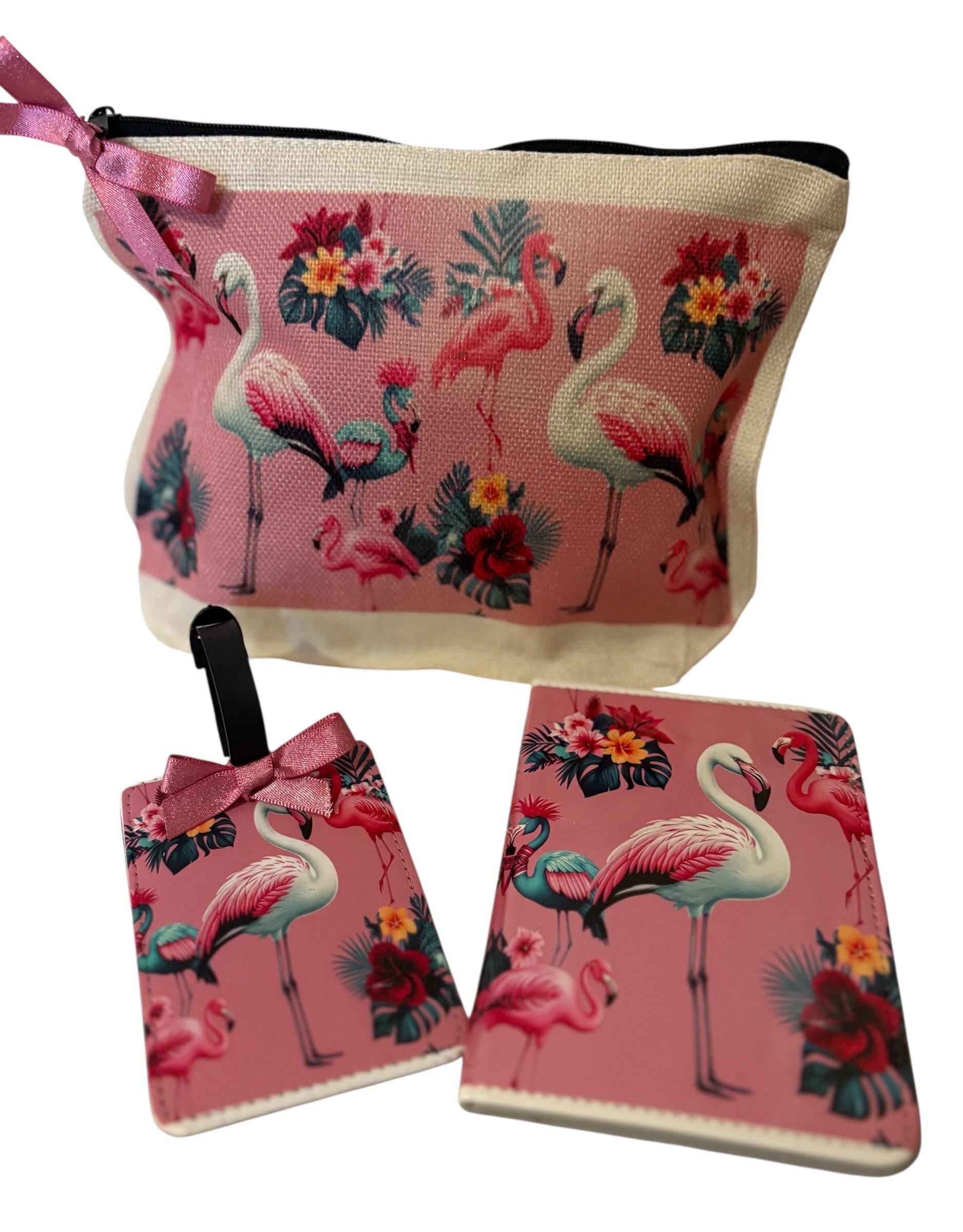 Tropical Flamingo Passport Holder Set with Luggage Tag & Makeup Bag, Travel Gift Set