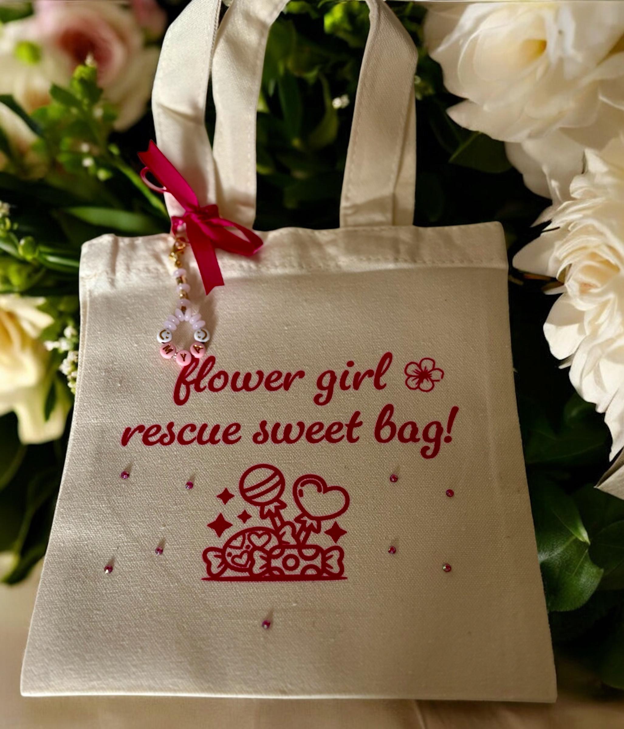 Personalised Flower Girl Sweet Rescue Bag - Pink Canvas Tote with Name Charm
