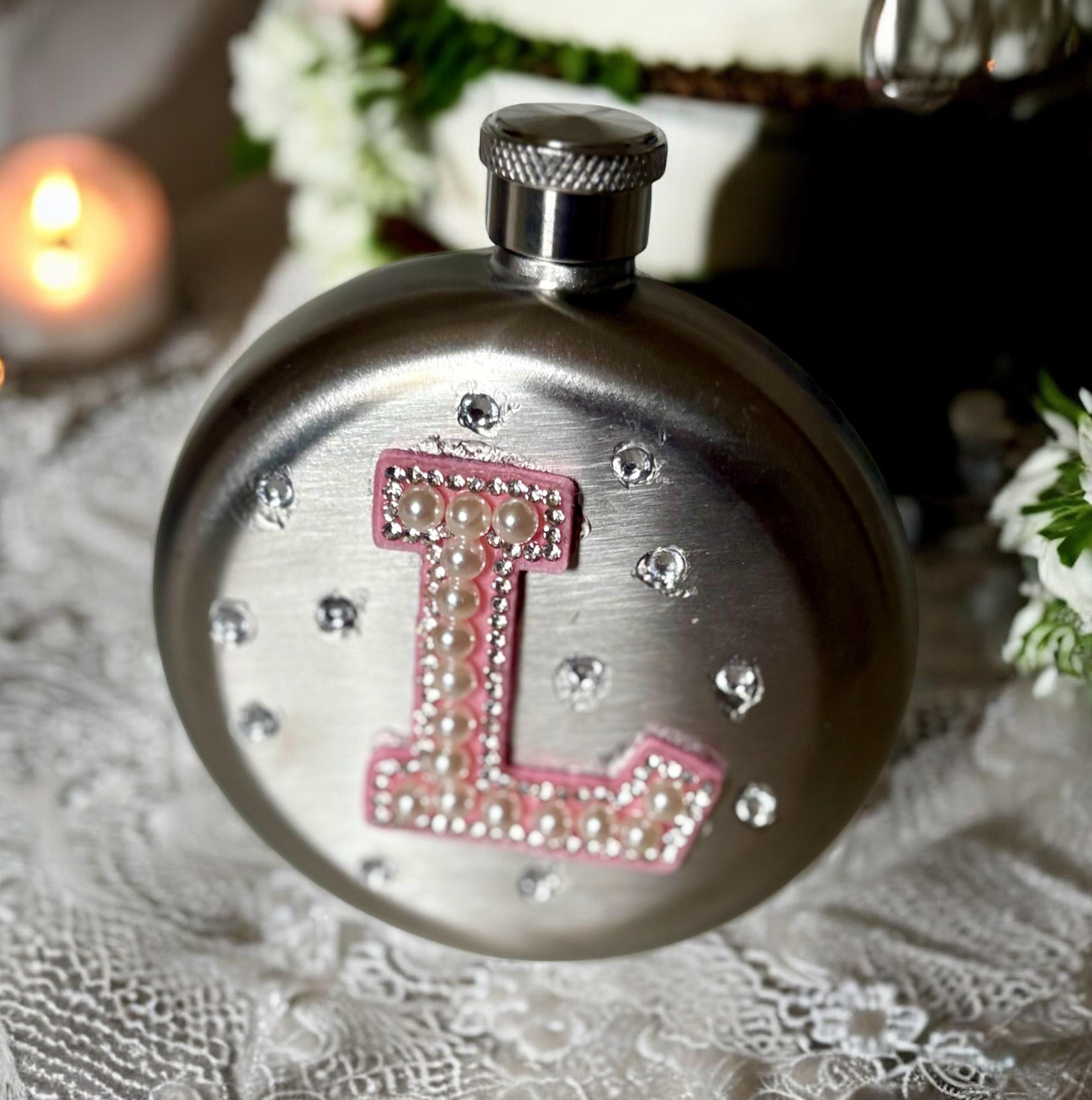 Personalised Round Hip Flask with Bling Initial & Name - Bridesmaid gift, Bridal Party Gift, Custom Wedding Flask