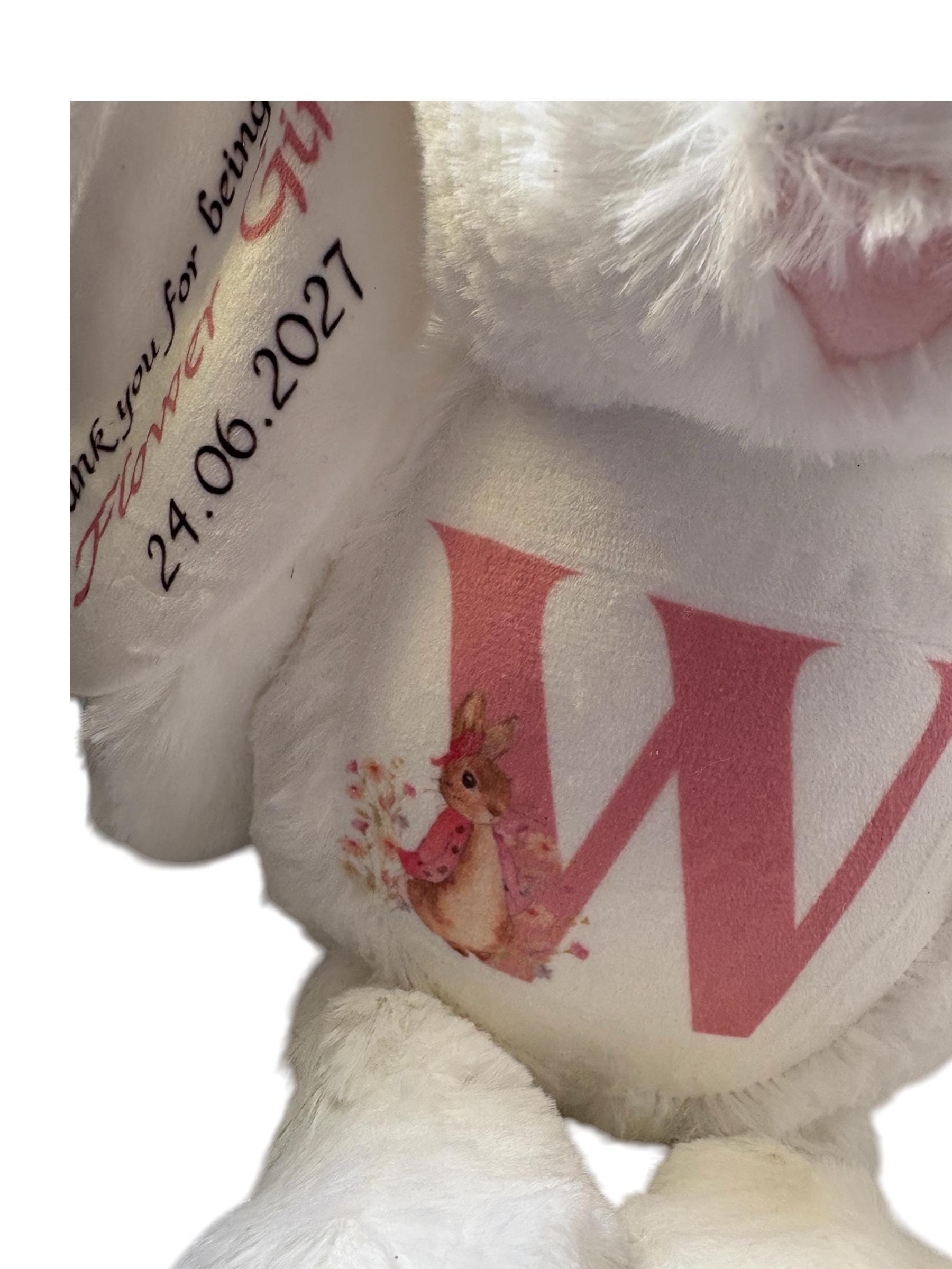 personalised bunny gift for Bridal party, flower girl, bridesmaid. Plushie bunny with personal message printed, gift for special occasion.