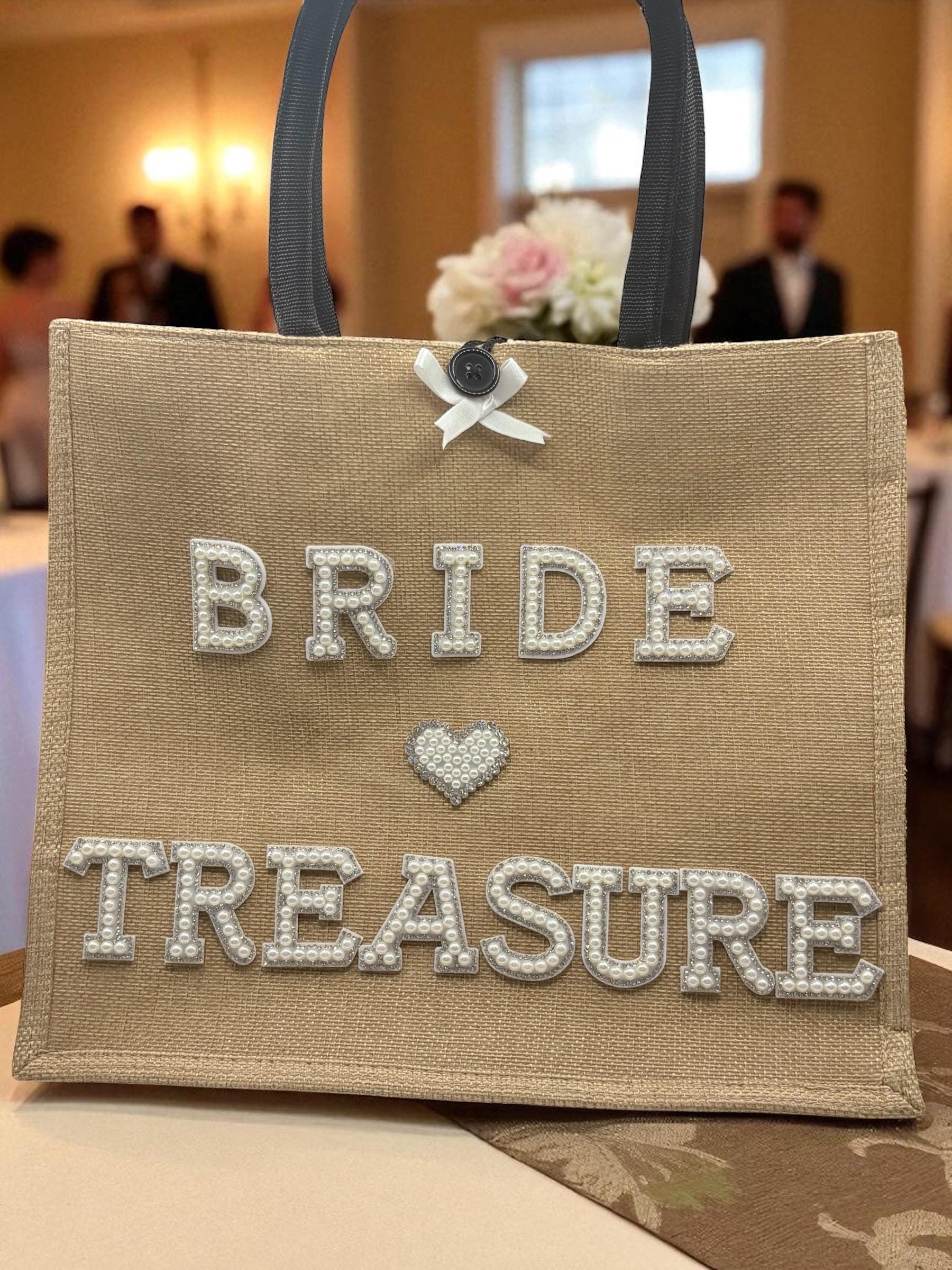 Bride "Treasure" Jute Tote Bag: Pearl & Rhinestone Wedding Day Bag