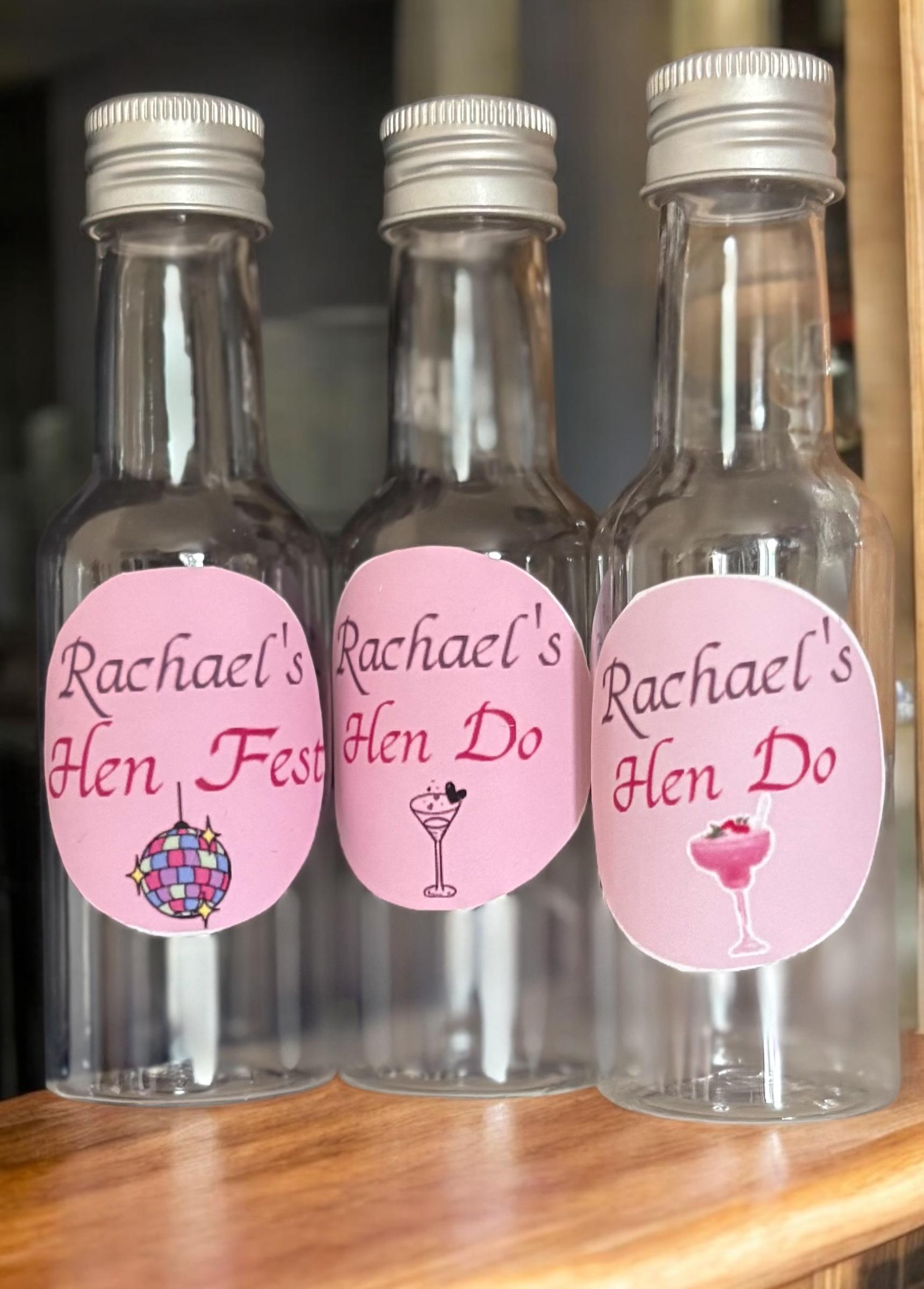 Hen do favour shot bottle - personalised stickers attached to suit celebration