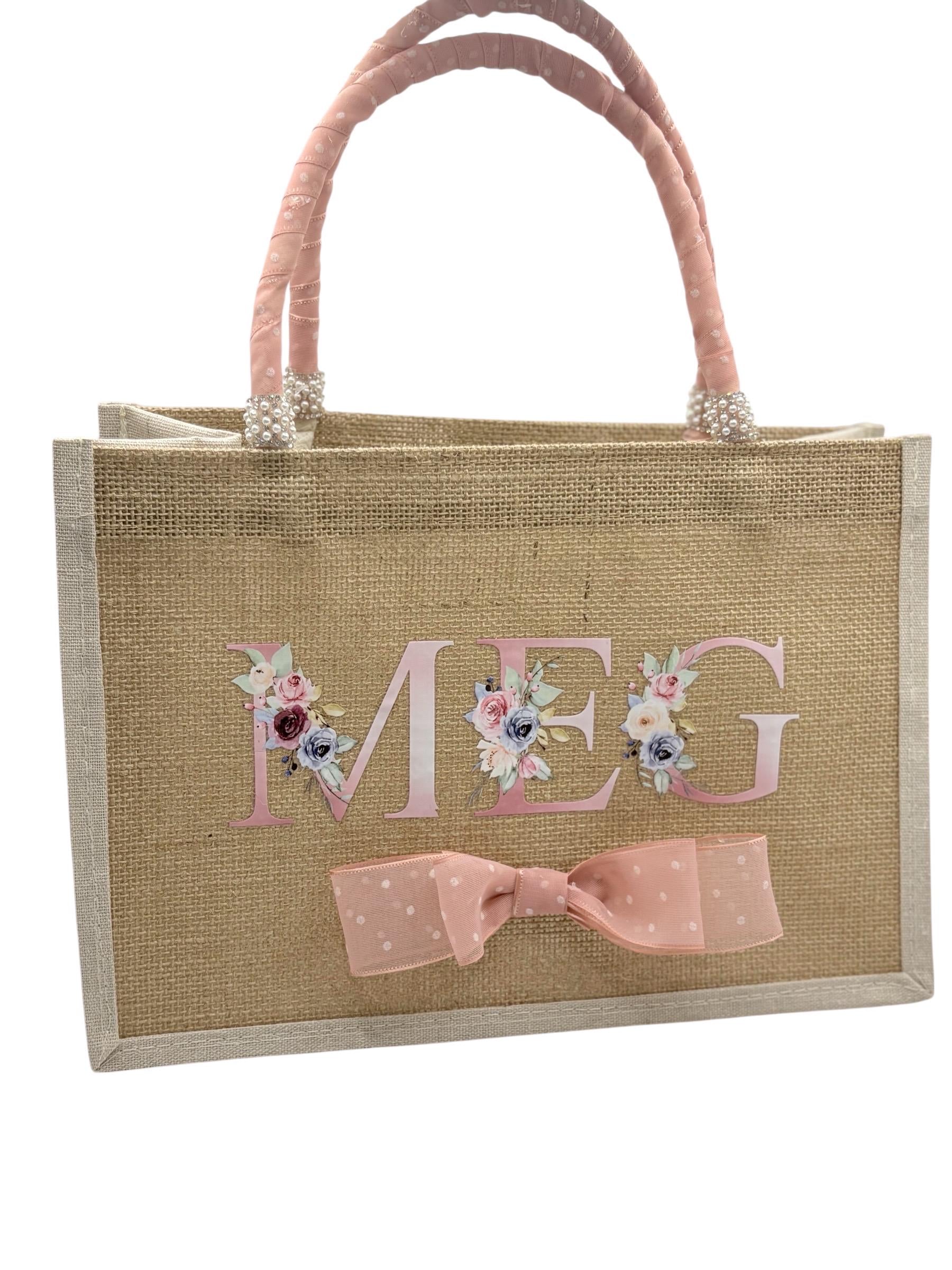 Personalised Jute Bridal Tote Bag - Pearl & Rhinestone Wedding Day Bag Gift