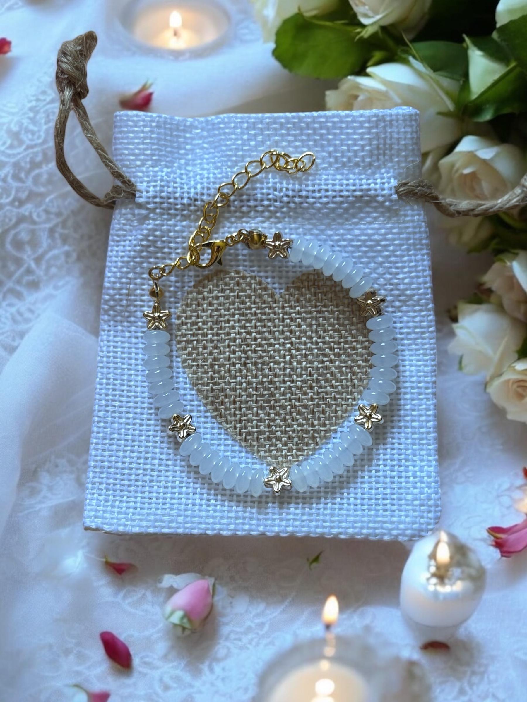 Flower Girl Bracelet: White Beaded Bracelet with Gold Flowers
