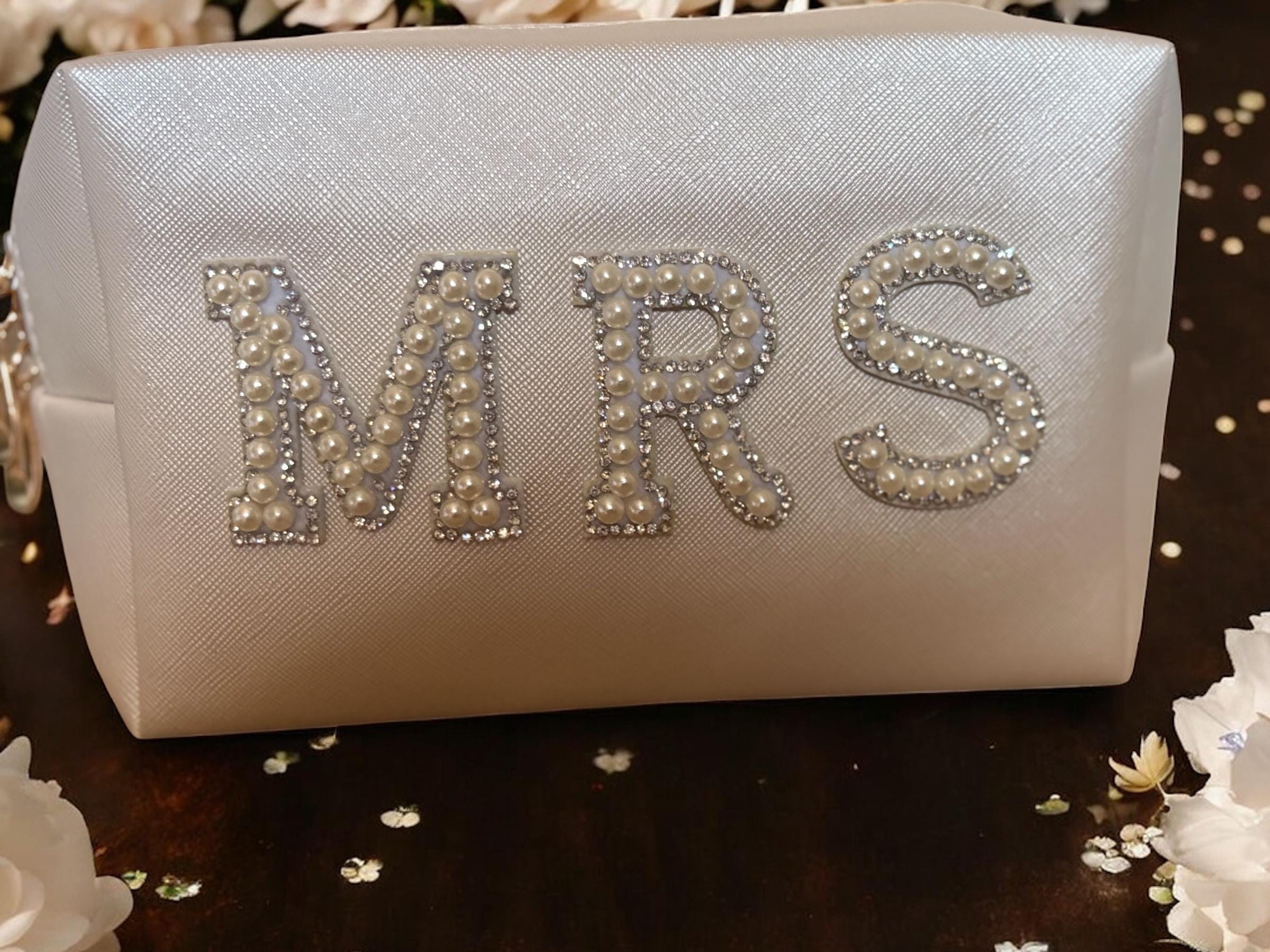 Pearl & Rhinestone "Mrs" Makeup Bag - White Bridal Cosmetic Pouch for Wedding, Honeymoon or Gift.
