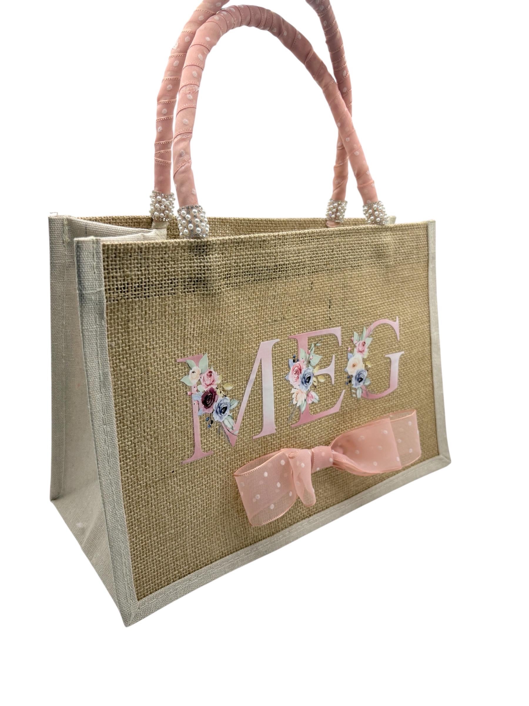 Personalised Jute Bridal Tote Bag - Pearl & Rhinestone Wedding Day Bag Gift