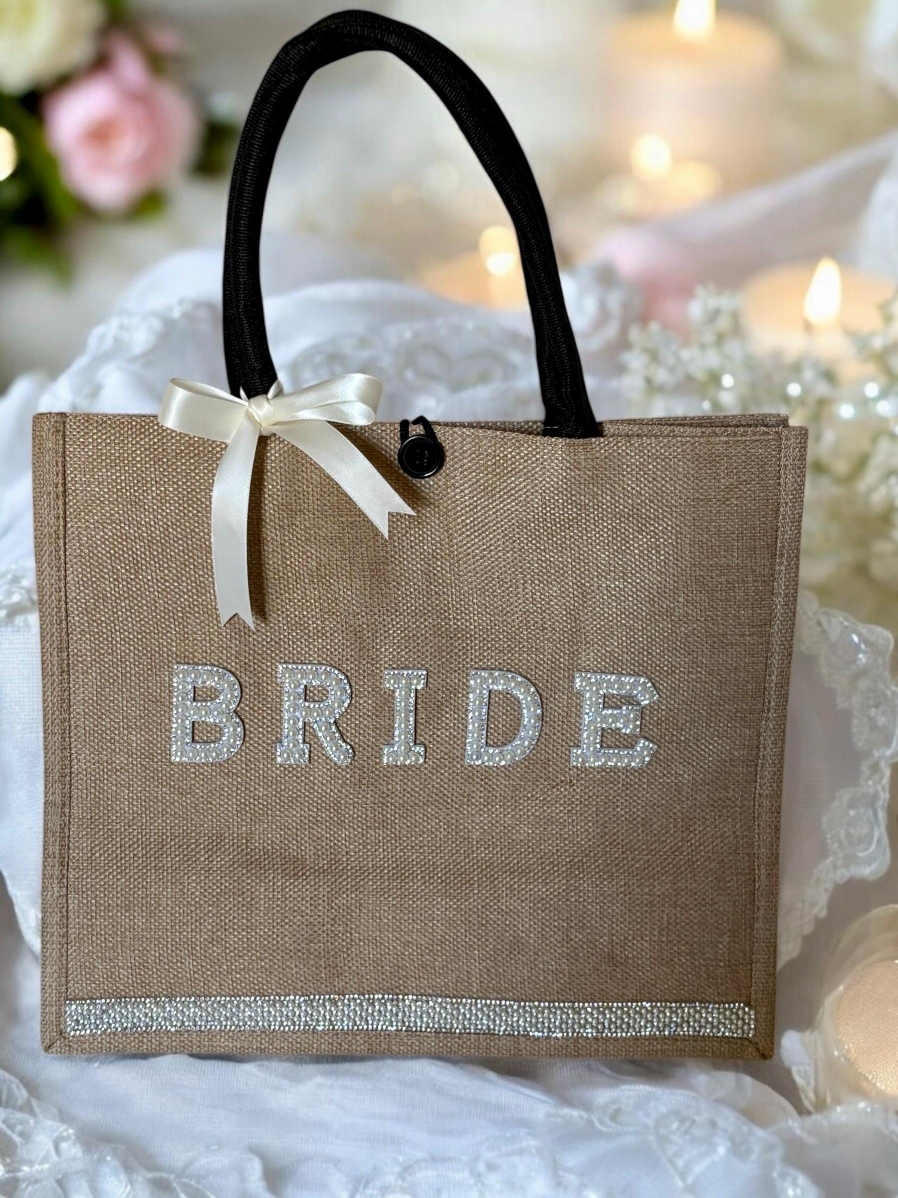 Personalised Bride Jute Tote Bag - Pearl & Rhinestone Wedding Day Essentials Bag