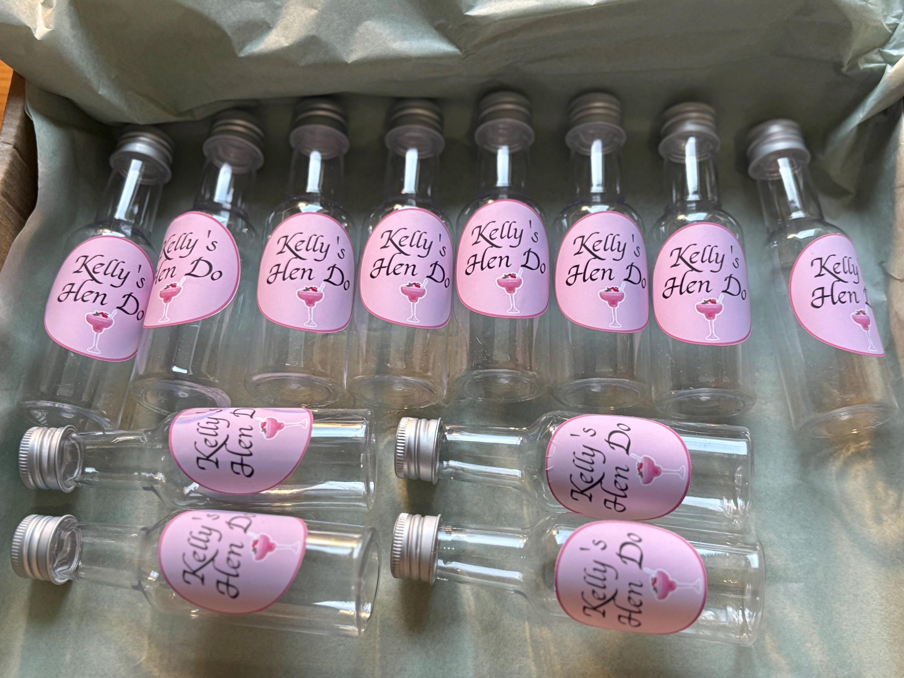 Hen do favour shot bottle - personalised stickers attached to suit celebration