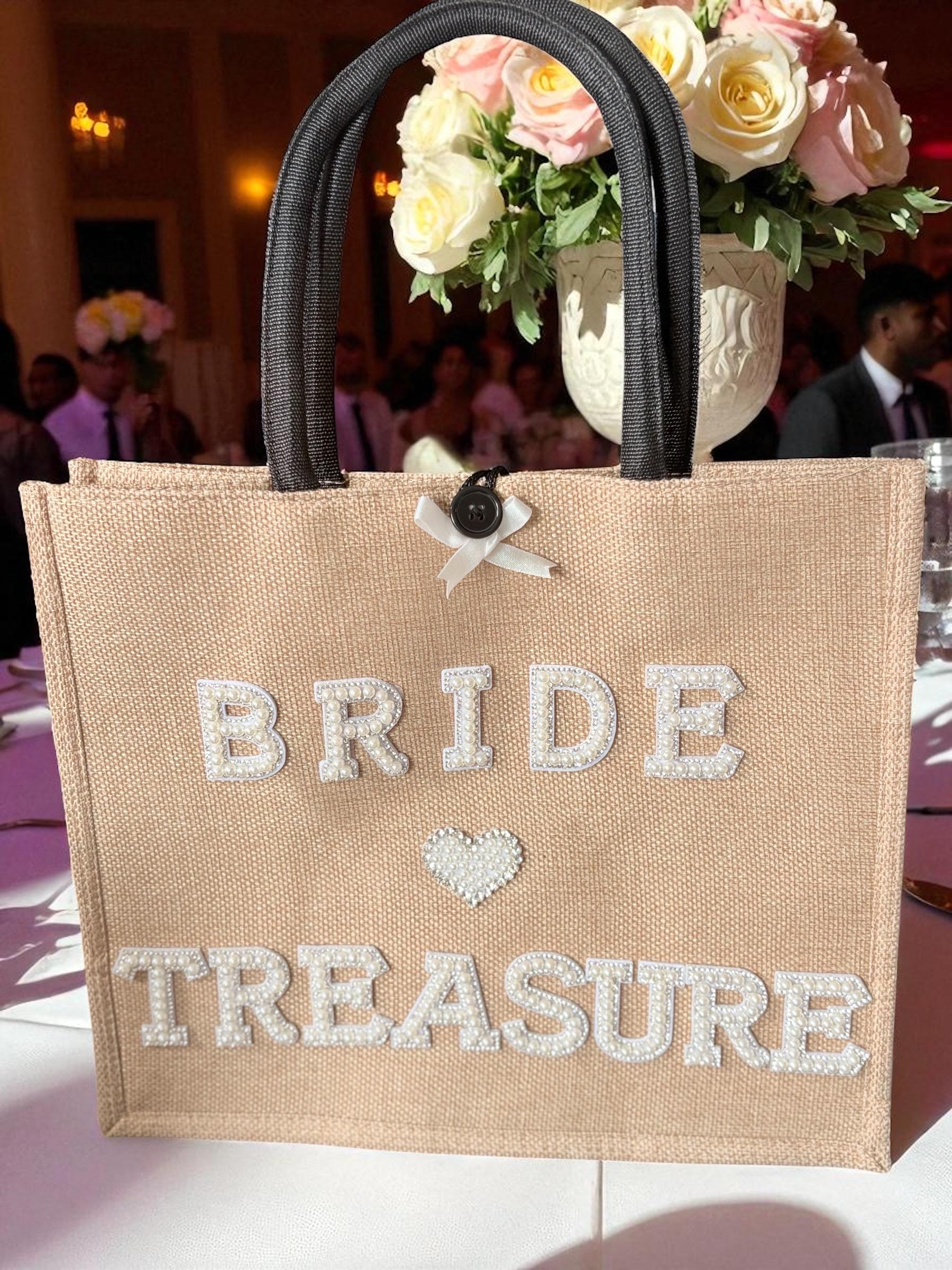 Bride "Treasure" Jute Tote Bag: Pearl & Rhinestone Wedding Day Bag