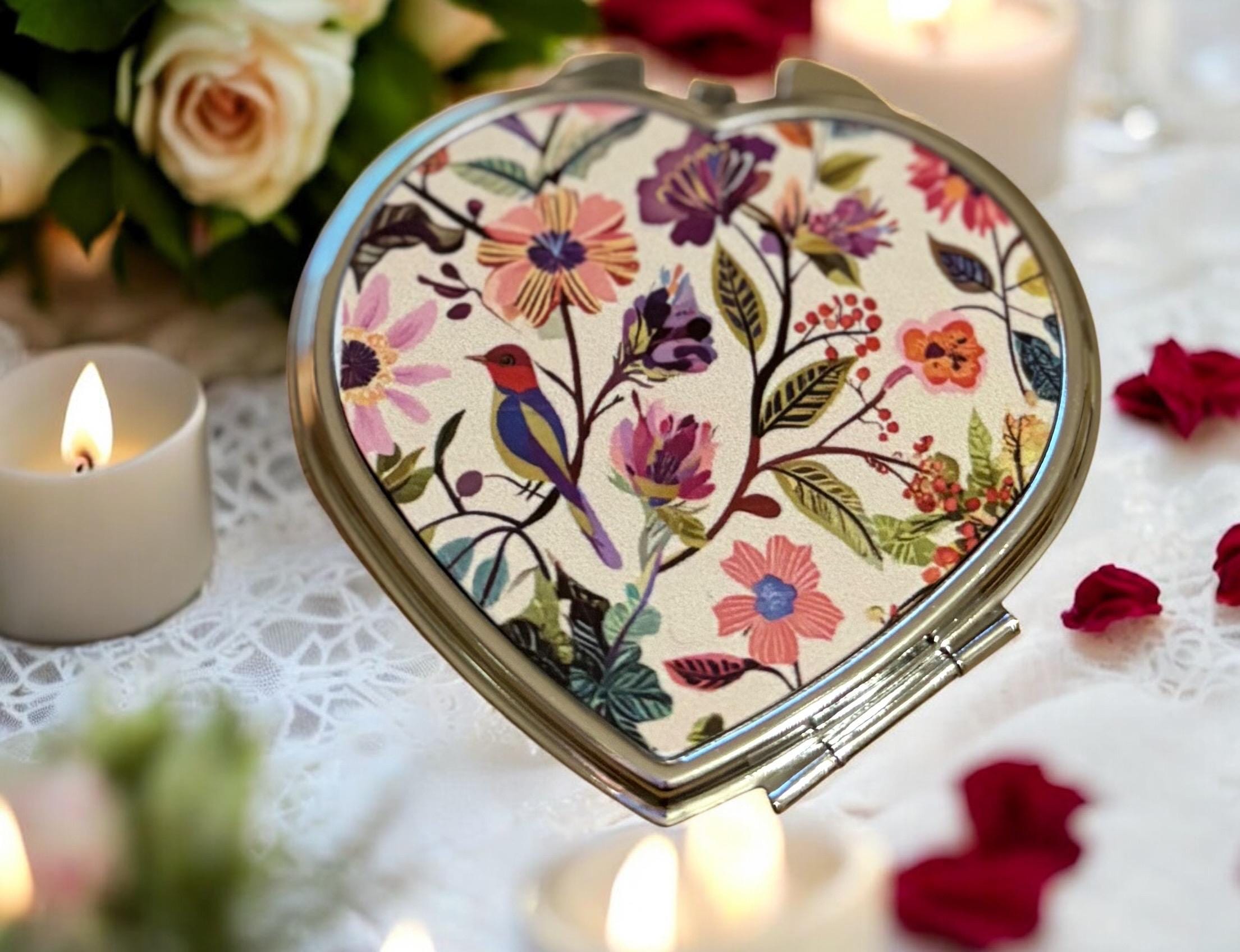 Floral Bird Heart Compact Mirror: Bridal Party Gift