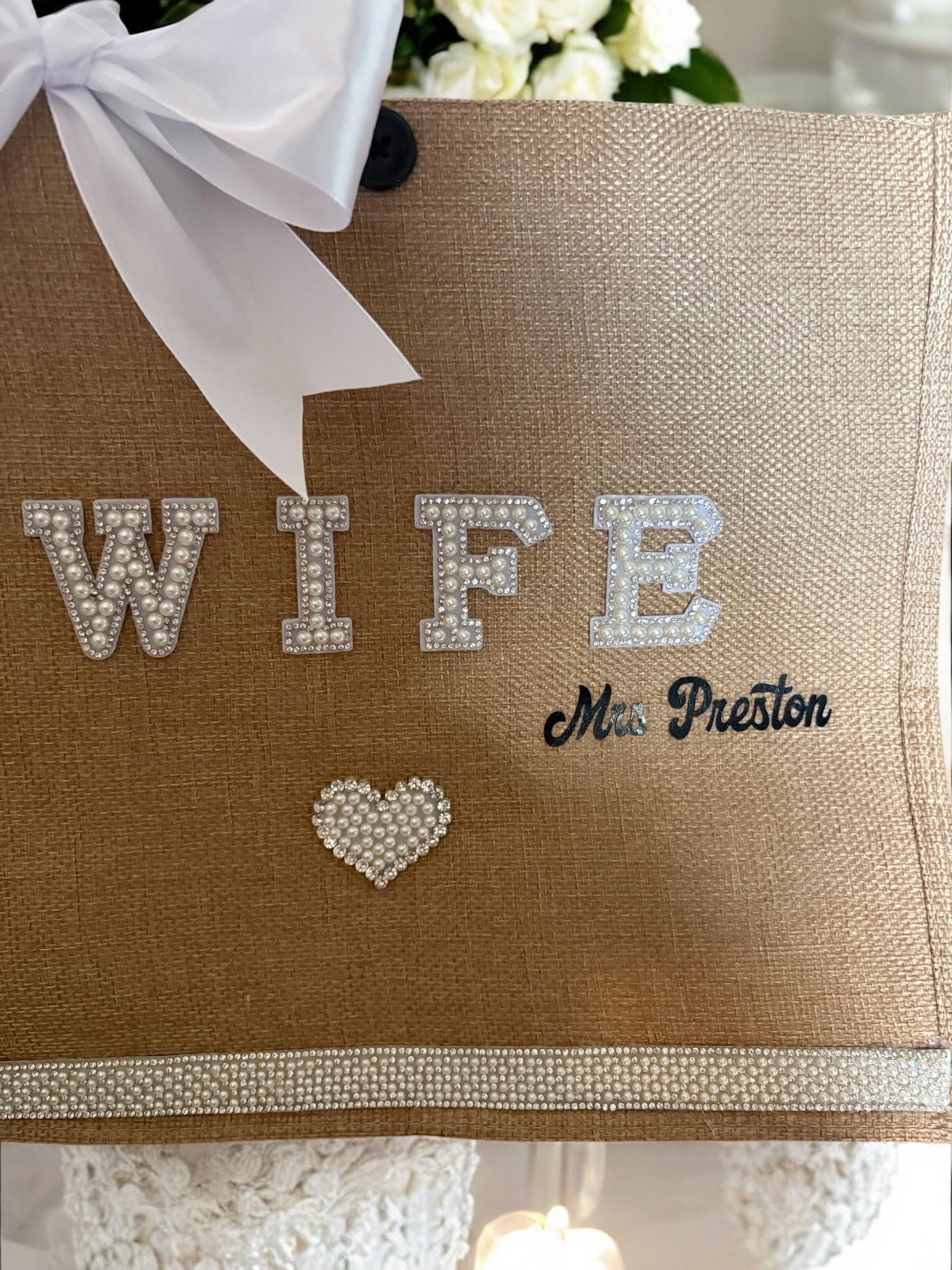 Personalised Bride Jute Tote Bag - Pearl & Rhinestone Wedding Day Essentials Bag