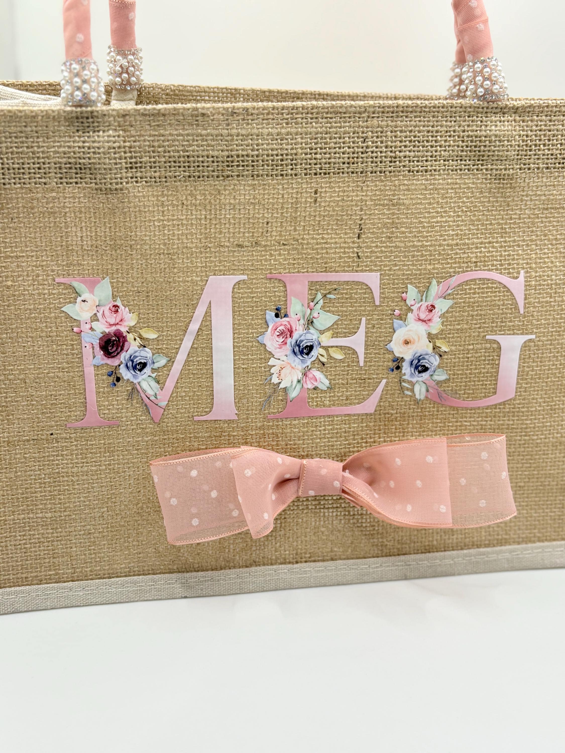 Personalised Jute Bridal Tote Bag - Pearl & Rhinestone Wedding Day Bag Gift