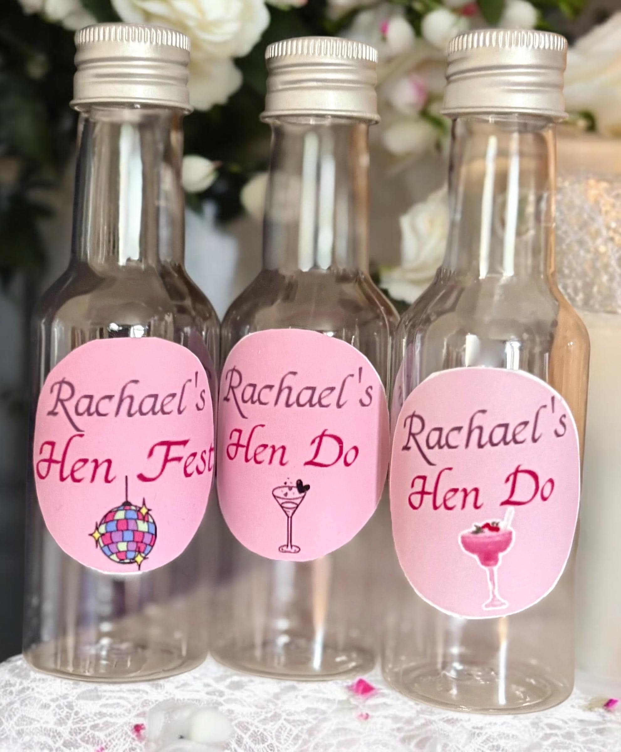 Hen do favour shot bottle - personalised stickers attached to suit celebration