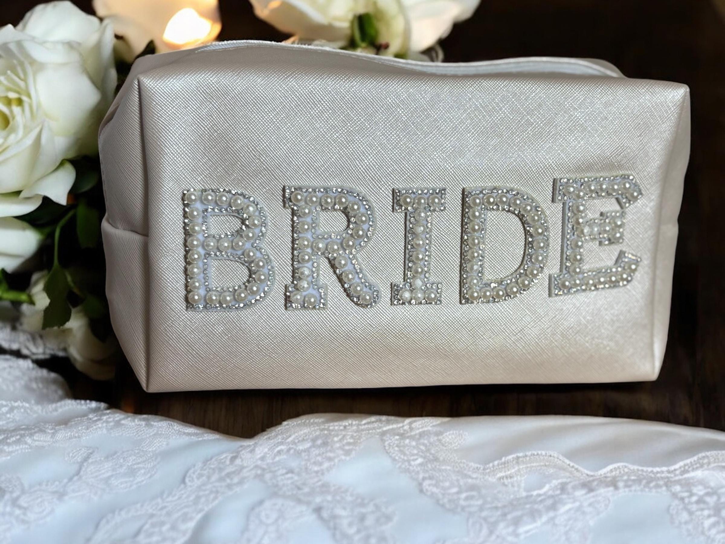 Pearl & Rhinestone "Mrs" Makeup Bag - White Bridal Cosmetic Pouch for Wedding, Honeymoon or Gift.