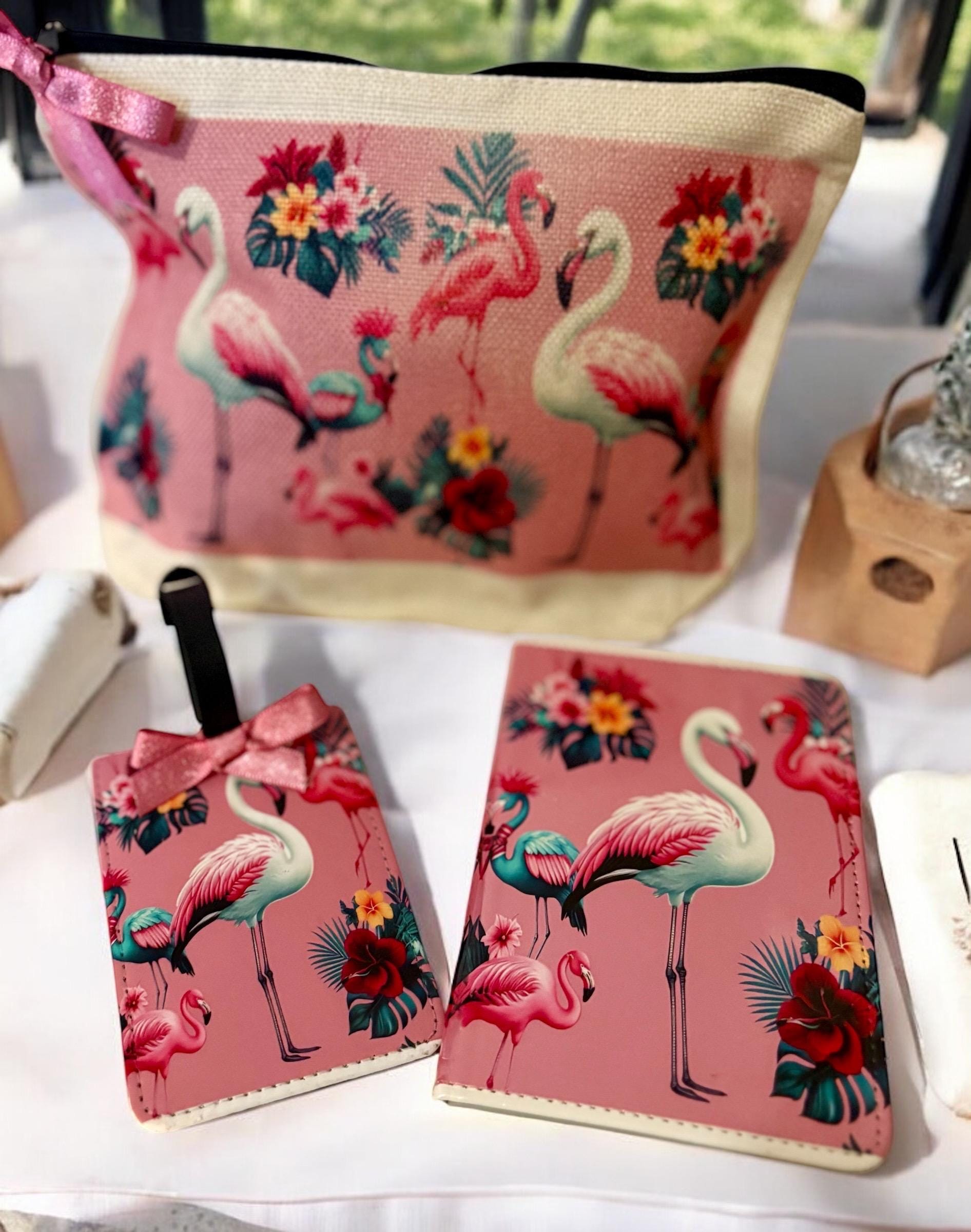 Tropical Flamingo Passport Holder Set with Luggage Tag & Makeup Bag, Travel Gift Set