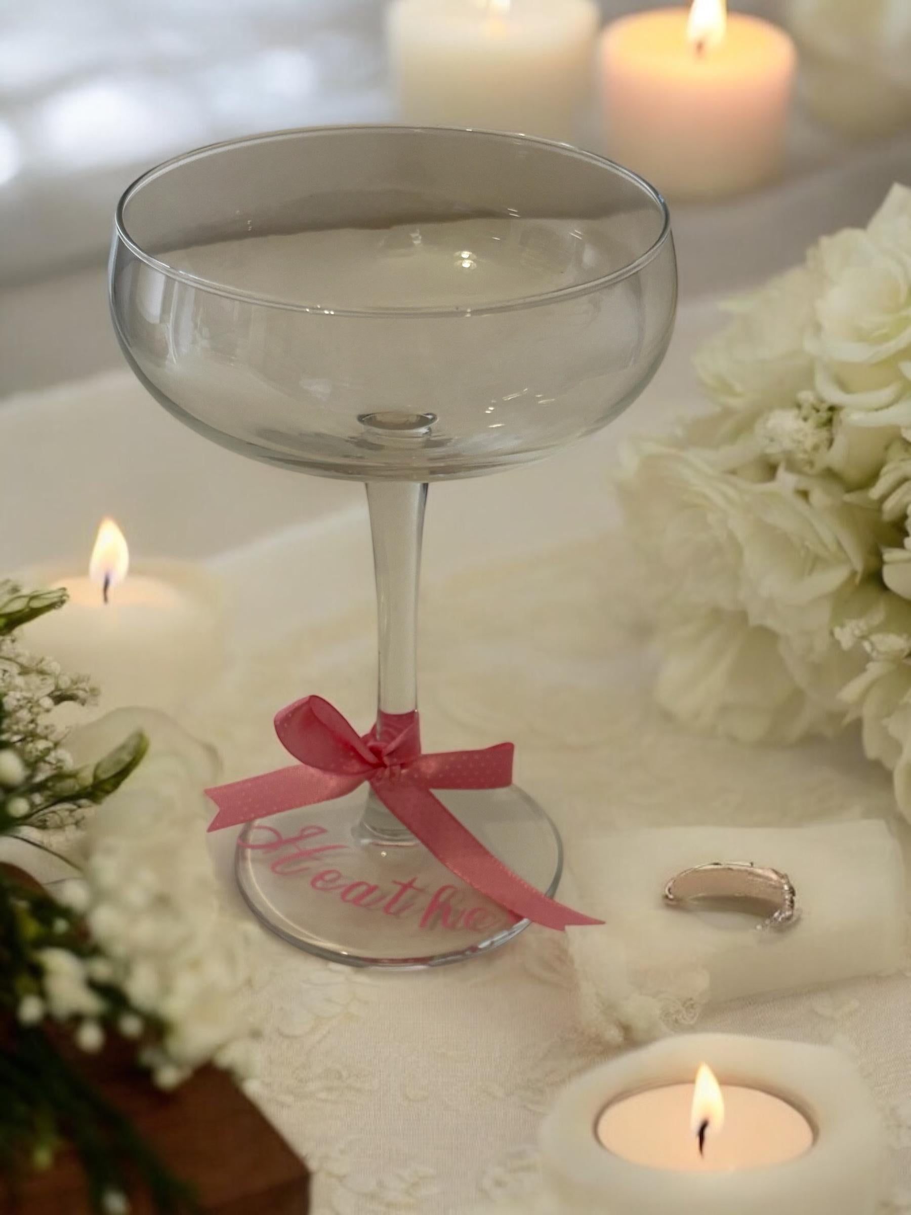 Personalised Champagne Glass with Pink Bow - Bridesmaid & Bridal Shower Gift