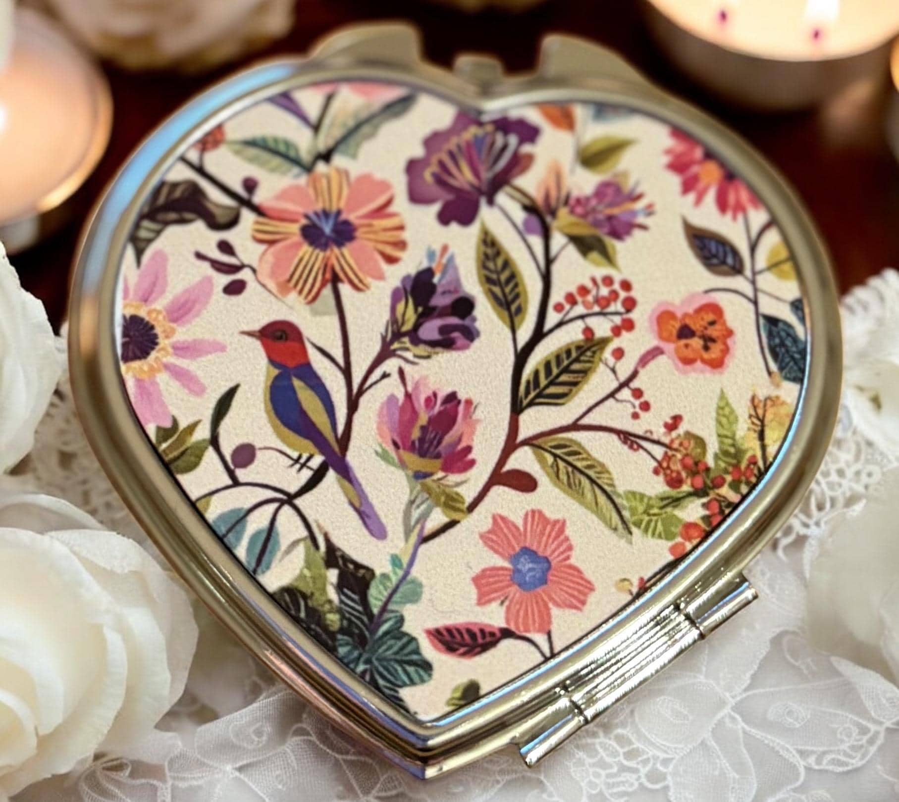 Floral Bird Heart Compact Mirror: Bridal Party Gift