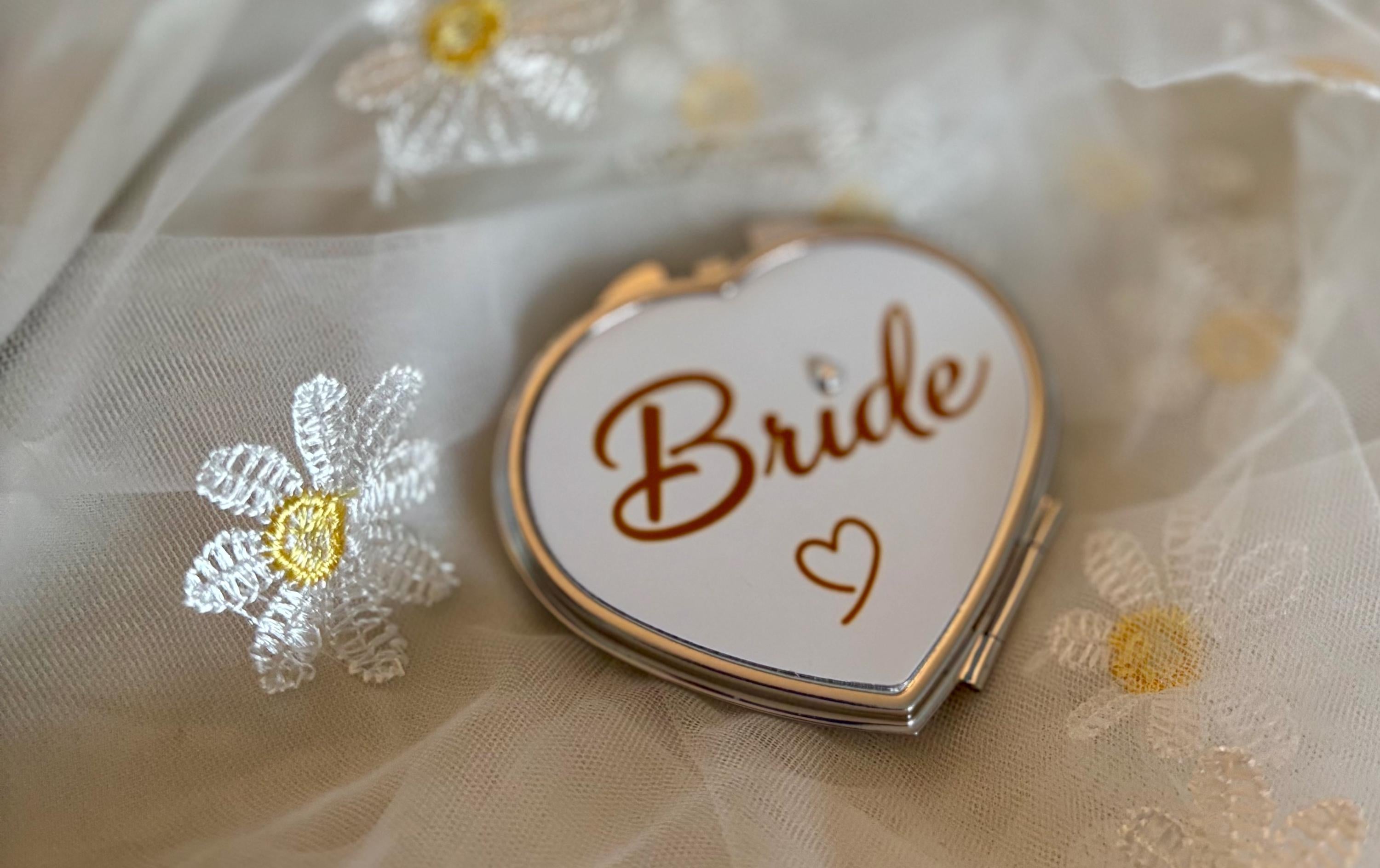Bride Compact Mirror: White Heart Keepsake with Rhinestone Detail