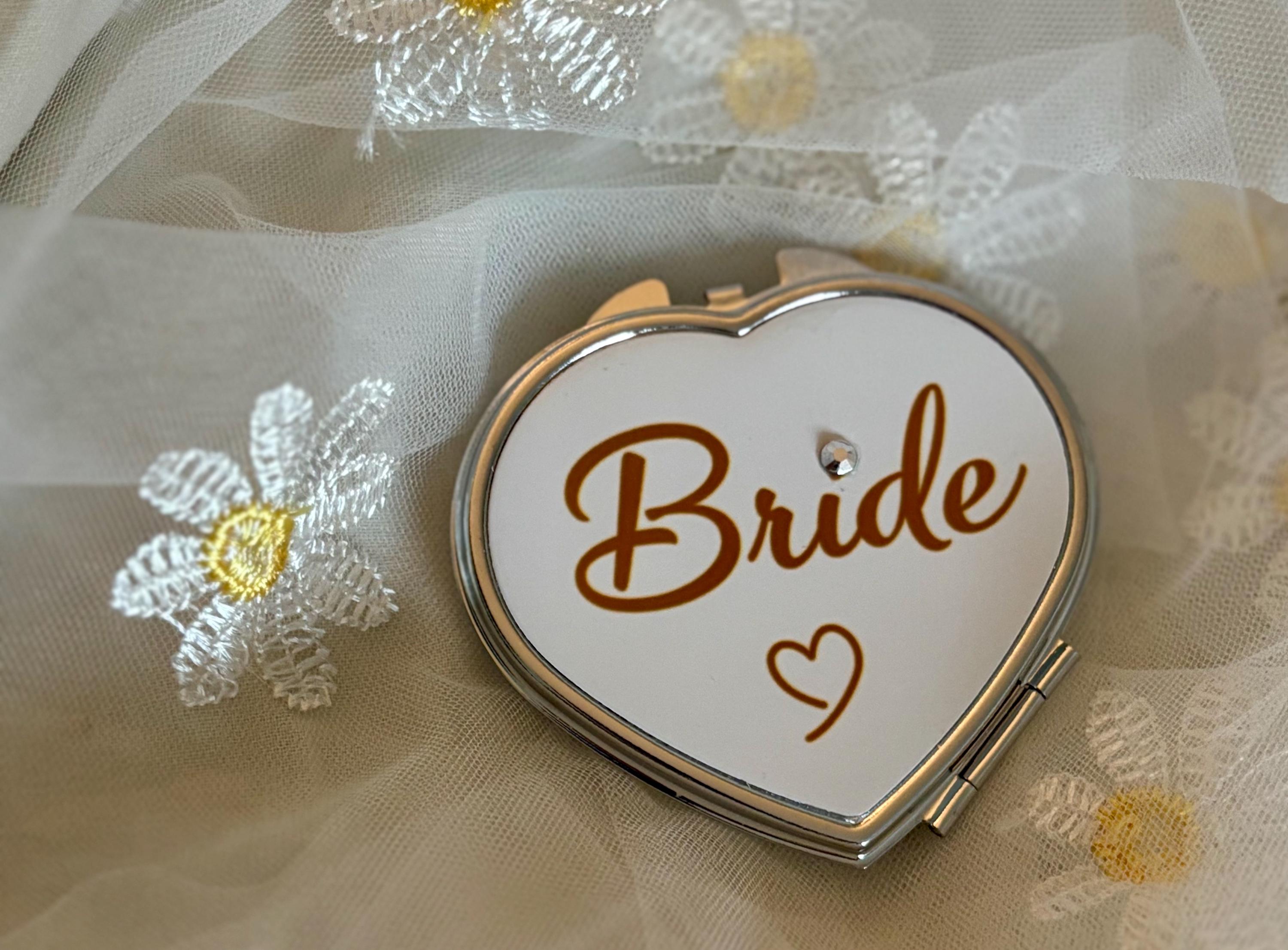 Bride Compact Mirror: White Heart Keepsake with Rhinestone Detail