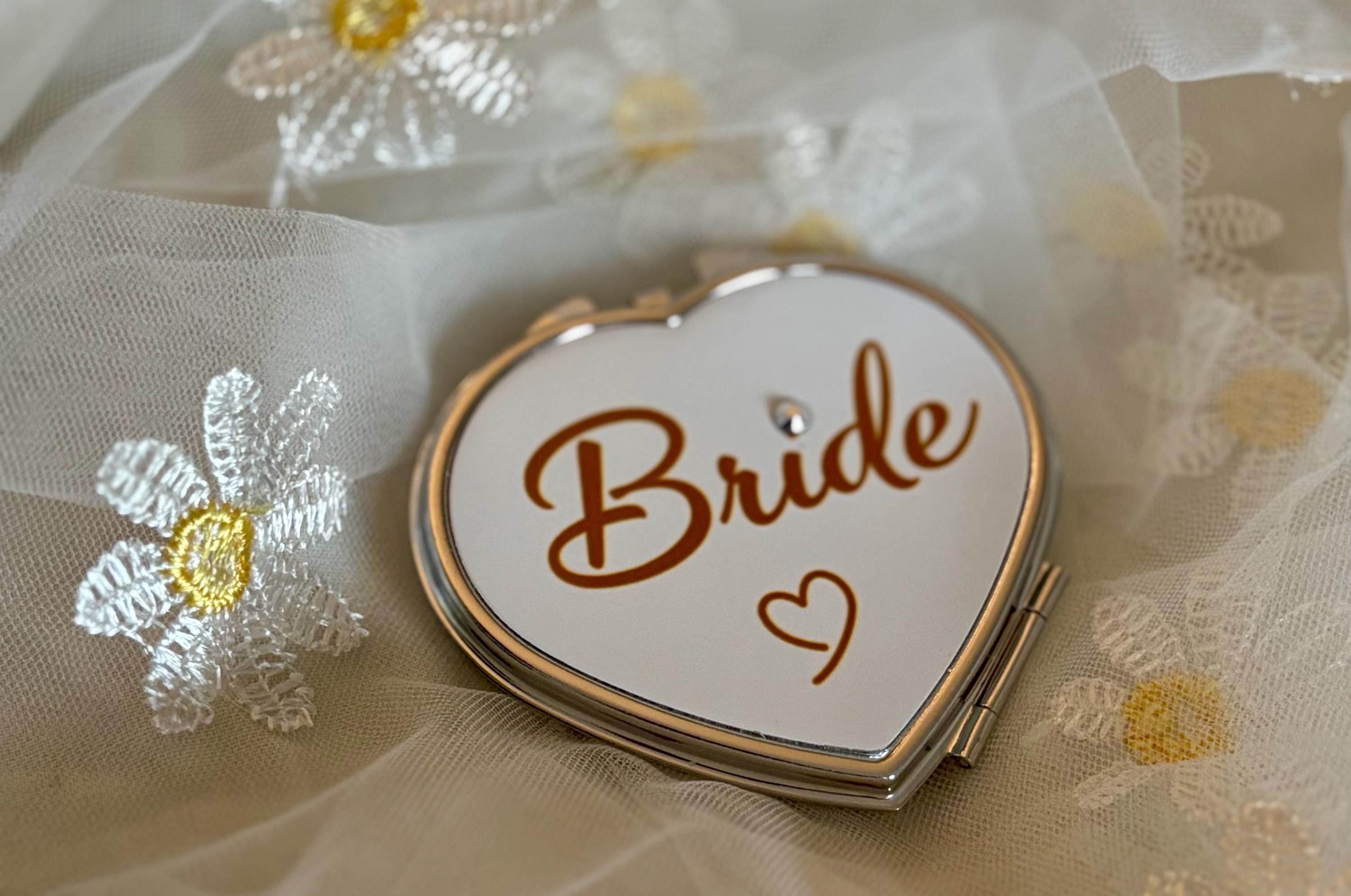 Bride Compact Mirror: White Heart Keepsake with Rhinestone Detail