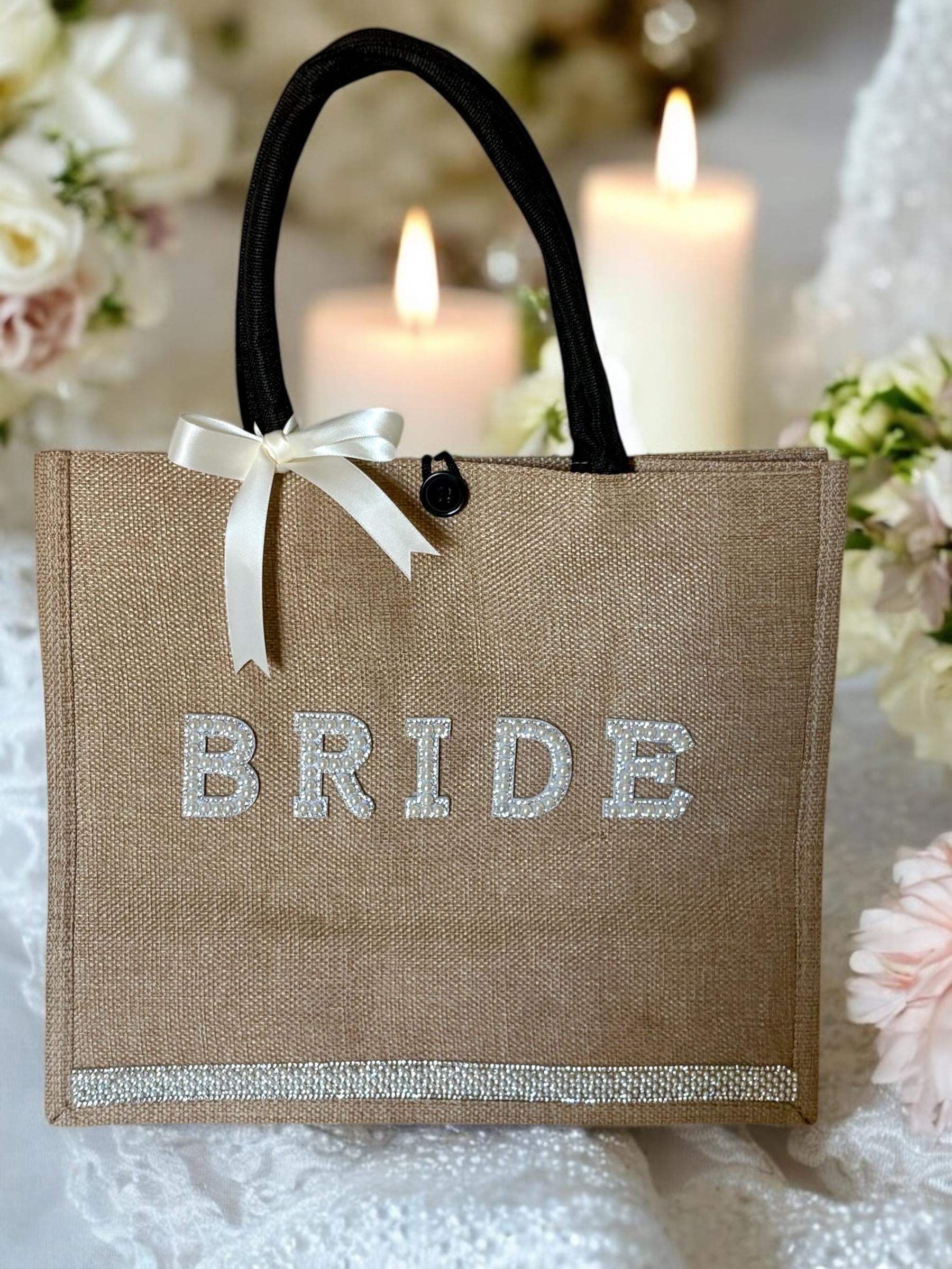 Personalised Bride Jute Tote Bag - Pearl & Rhinestone Wedding Day Essentials Bag