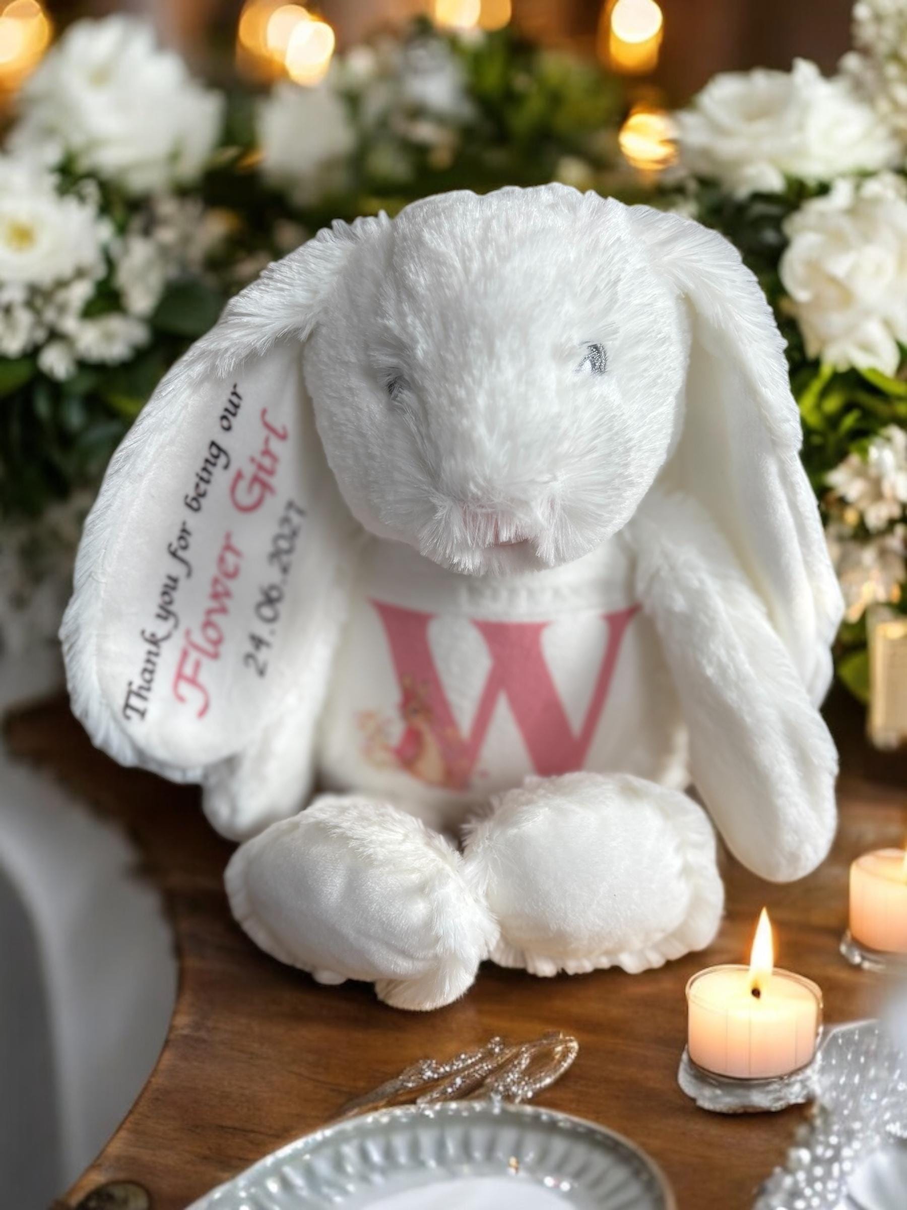 personalised bunny gift for Bridal party, flower girl, bridesmaid. Plushie bunny with personal message printed, gift for special occasion.