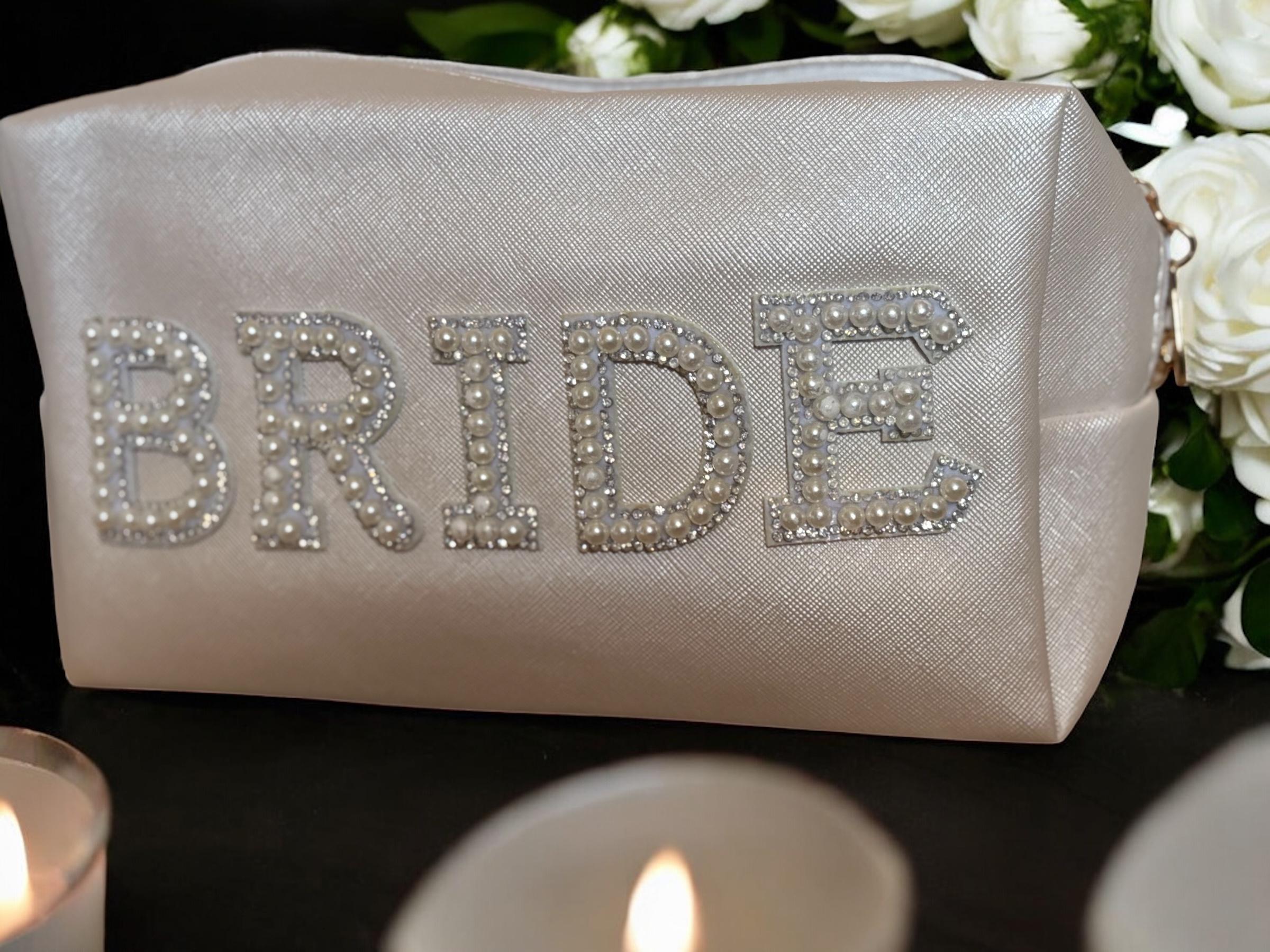 Pearl & Rhinestone "Mrs" Makeup Bag - White Bridal Cosmetic Pouch for Wedding, Honeymoon or Gift.