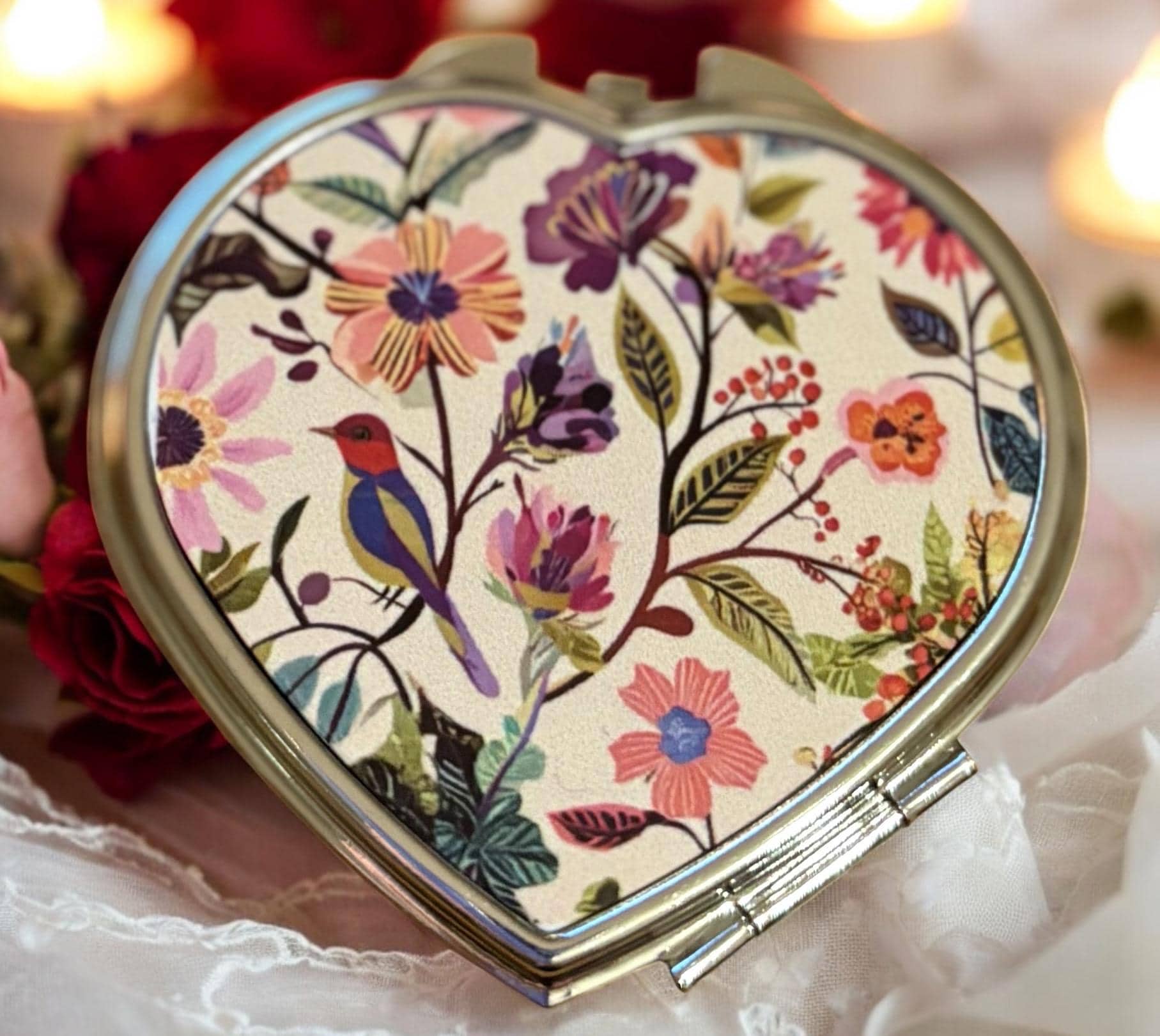 Floral Bird Heart Compact Mirror: Bridal Party Gift