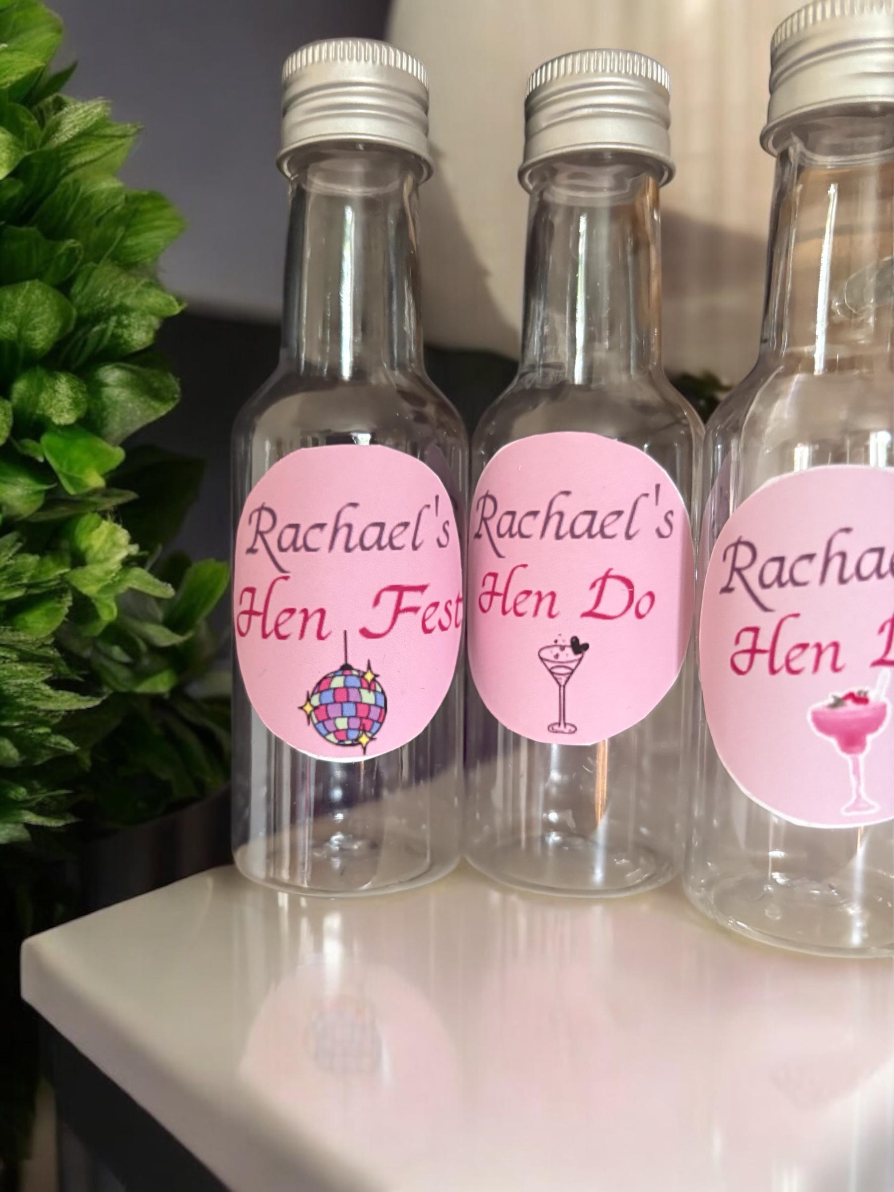 Hen do favour shot bottle - personalised stickers attached to suit celebration