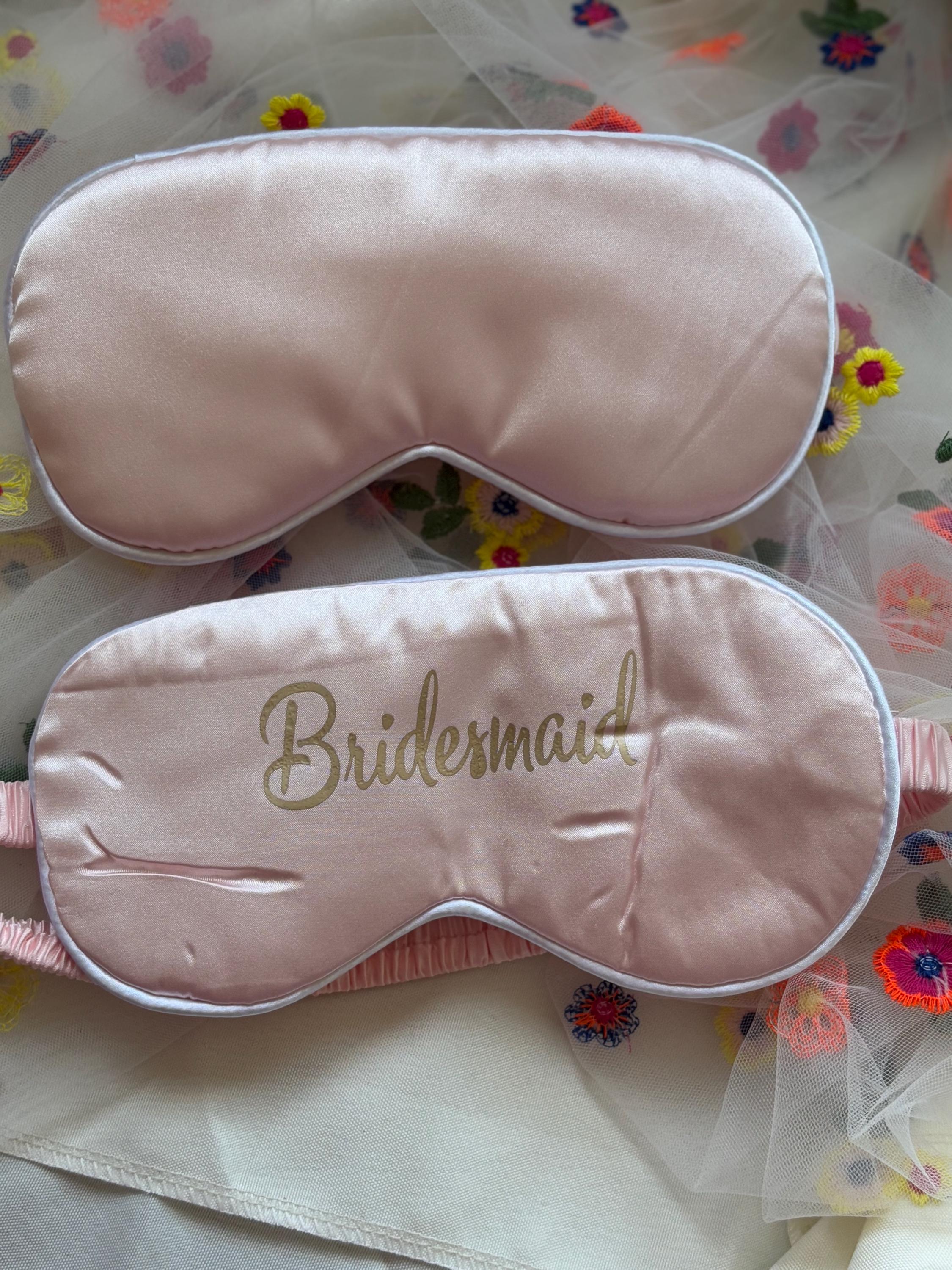Pink Satin Bridesmaid Sleep Mask - Gold Lettering Bridal Party Gift