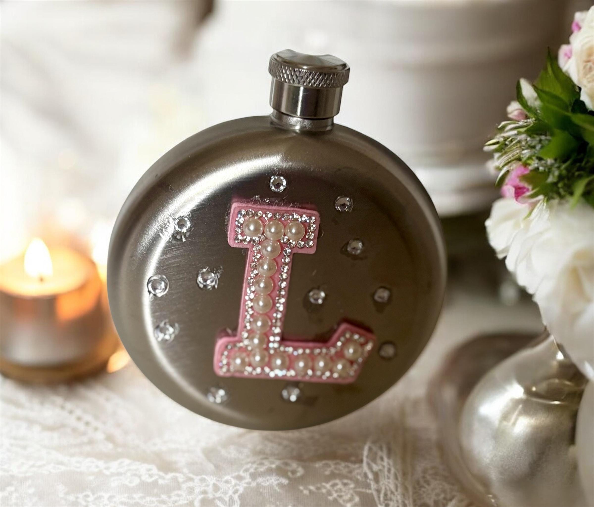 Personalised Round Hip Flask with Bling Initial & Name - Bridesmaid gift, Bridal Party Gift, Custom Wedding Flask