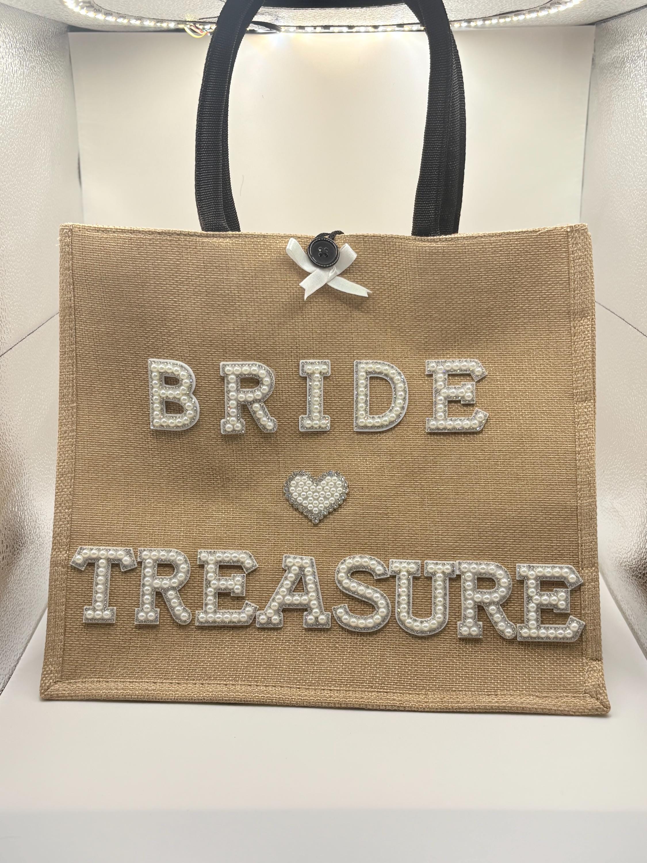 Bride "Treasure" Jute Tote Bag: Pearl & Rhinestone Wedding Day Bag