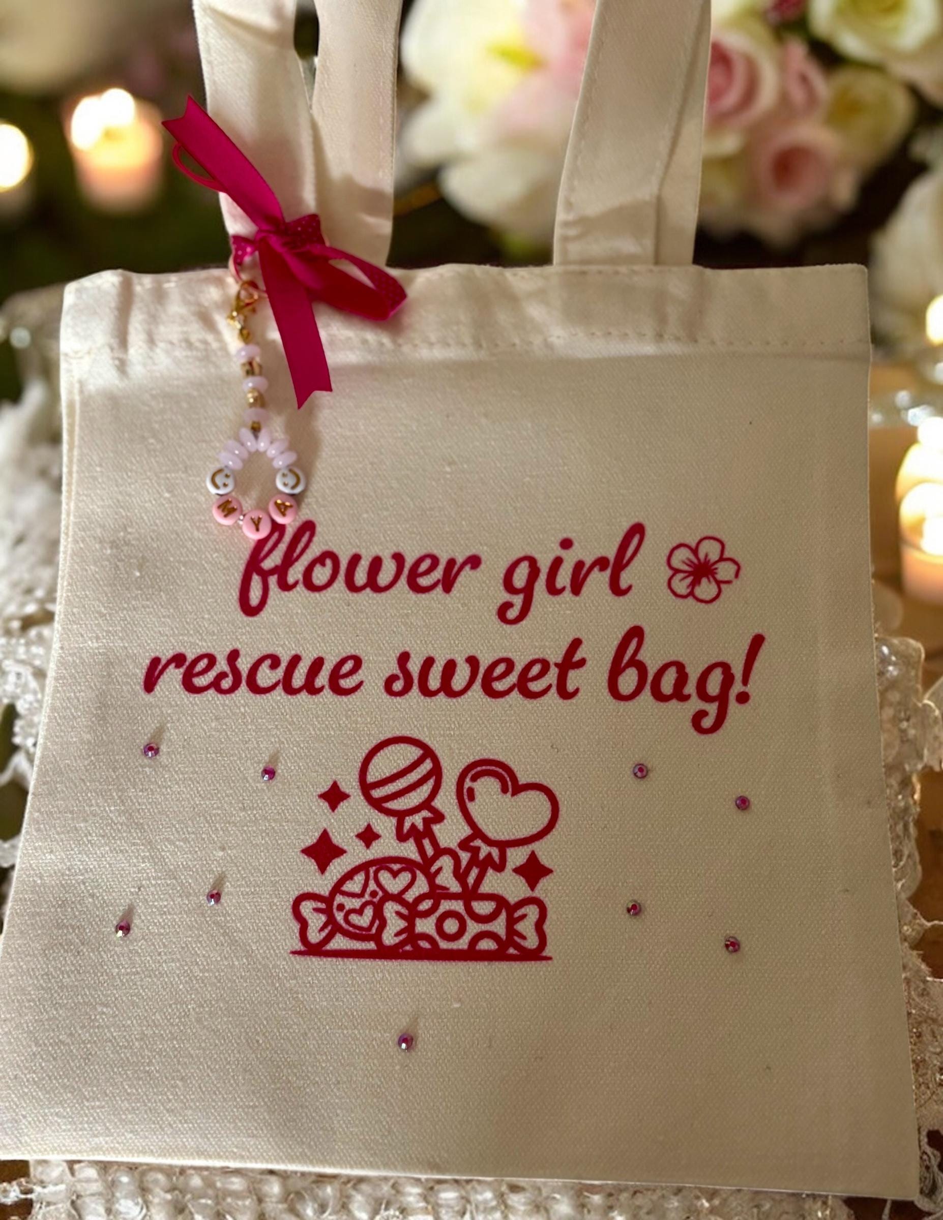 Personalised Flower Girl Sweet Rescue Bag - Pink Canvas Tote with Name Charm