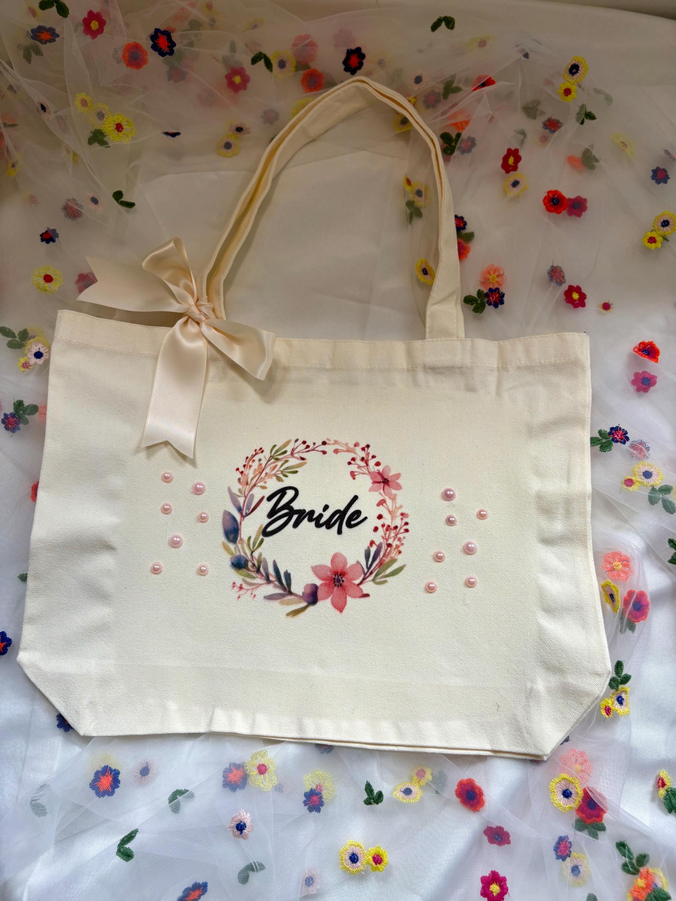 Floral Bride Tote Bag with Ribbon: Bridal Party Gift