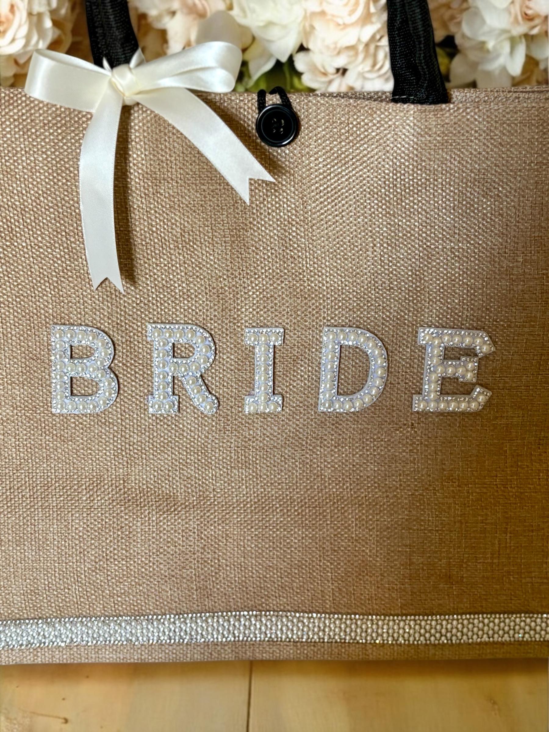 Personalised Bride Jute Tote Bag - Pearl & Rhinestone Wedding Day Essentials Bag