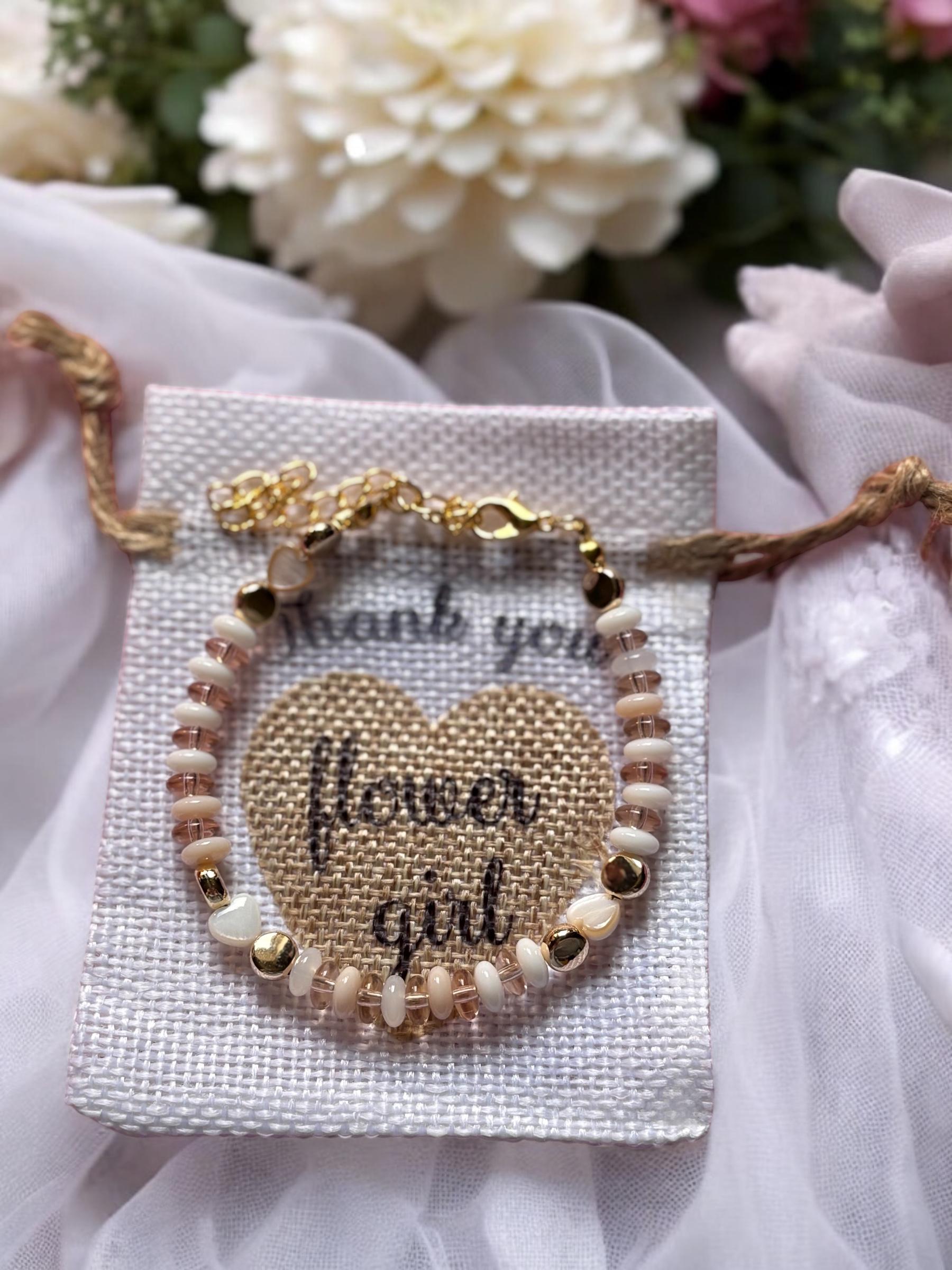 Flower Girl Bracelet: White Beaded Bracelet with Gold Flowers