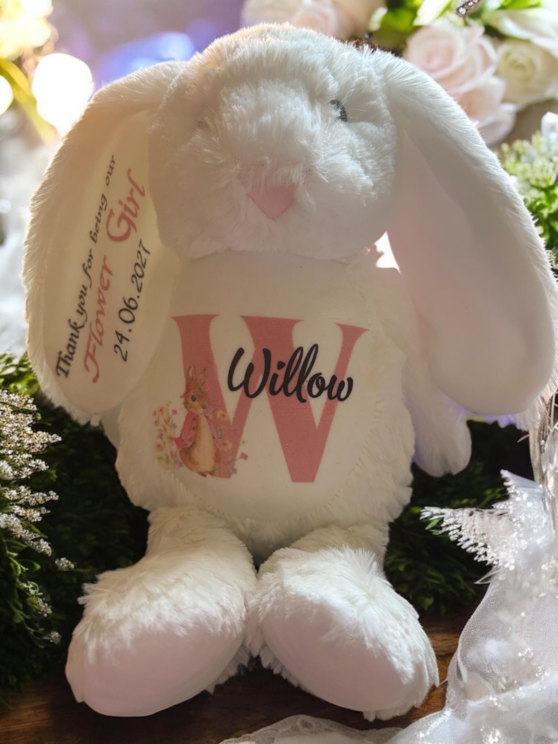 personalised bunny gift for Bridal party, flower girl, bridesmaid. Plushie bunny with personal message printed, gift for special occasion.