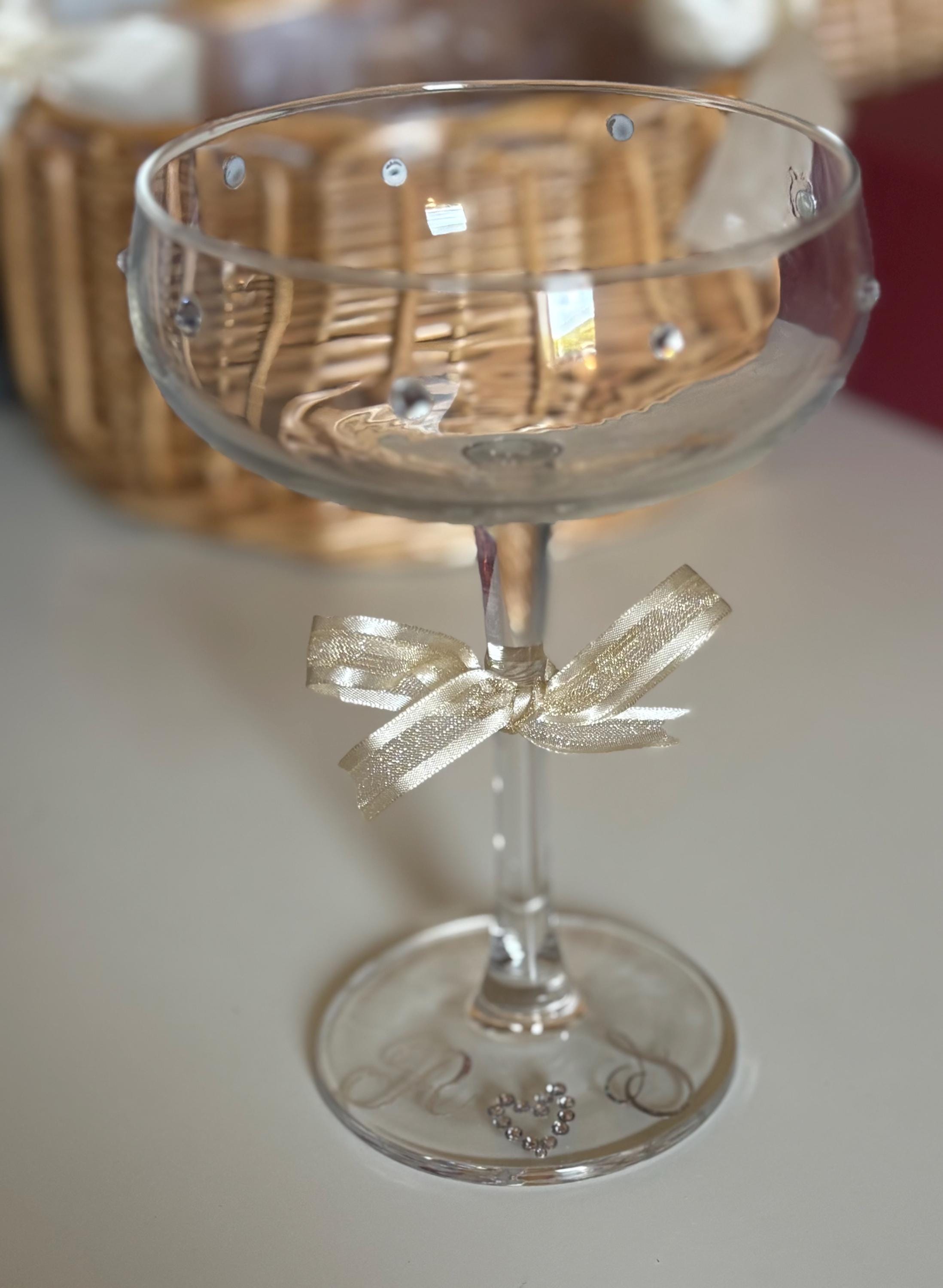 Personalised Rhinestone Champagne Glass - Custom Name with Bow & Heart Bridal Gift