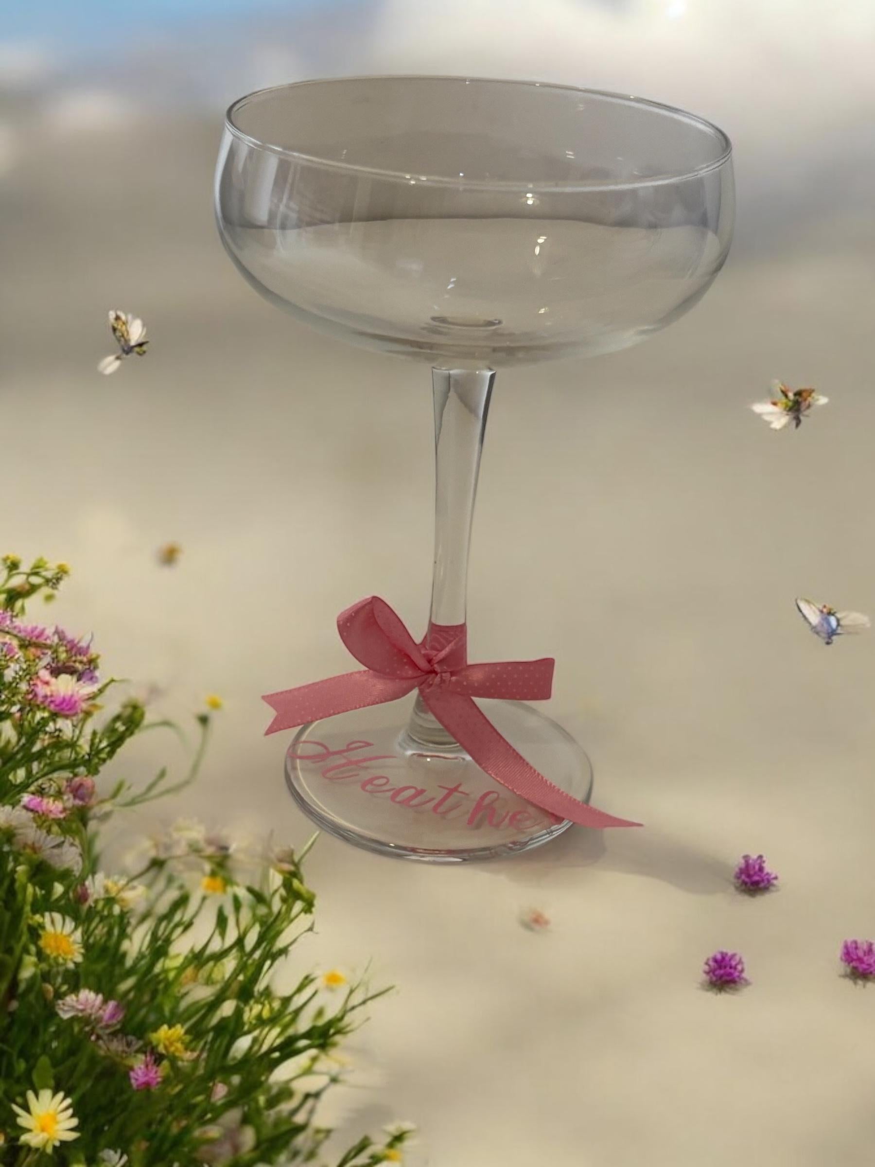 Personalised Champagne Glass with Pink Bow - Bridesmaid & Bridal Shower Gift