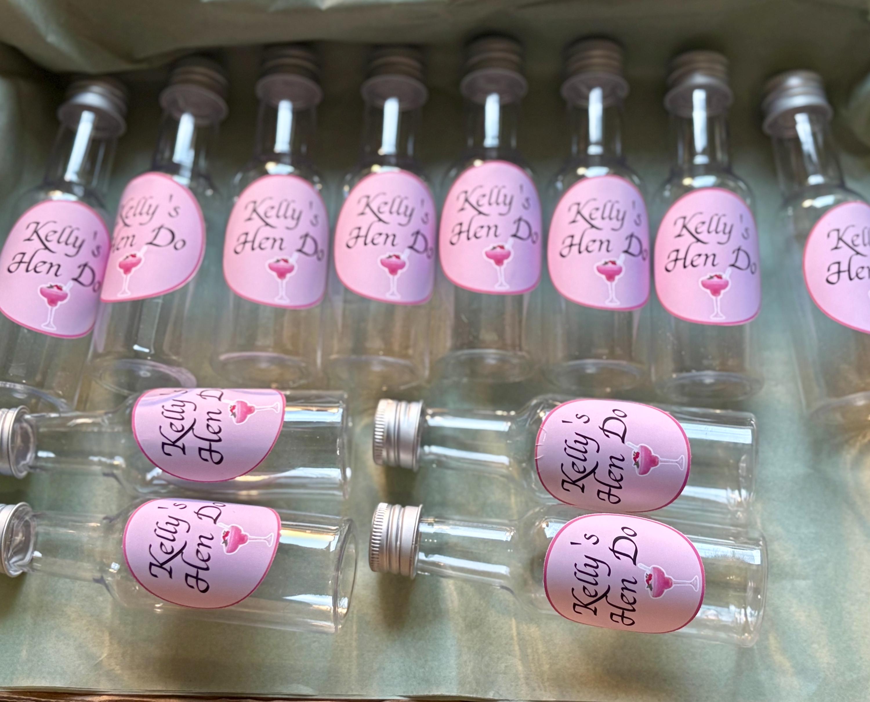 Hen do favour shot bottle - personalised stickers attached to suit celebration