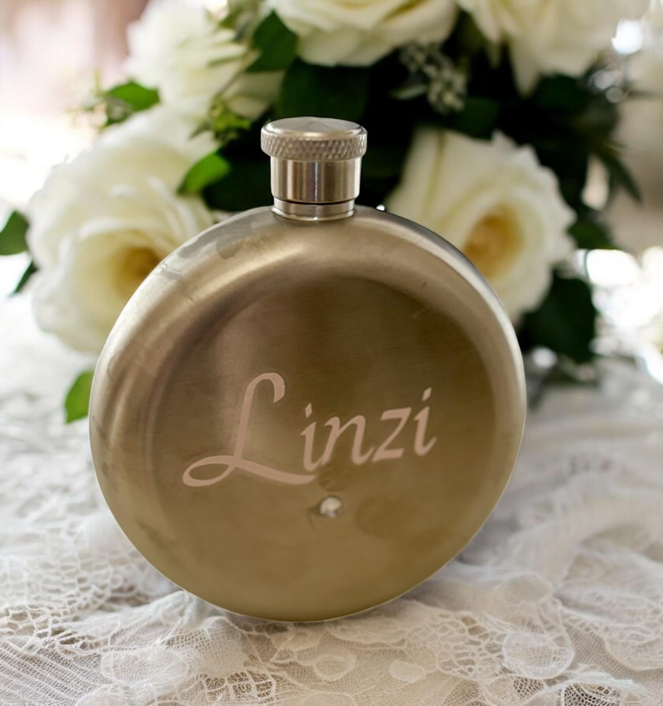 Personalised Round Hip Flask with Bling Initial & Name - Bridesmaid gift, Bridal Party Gift, Custom Wedding Flask