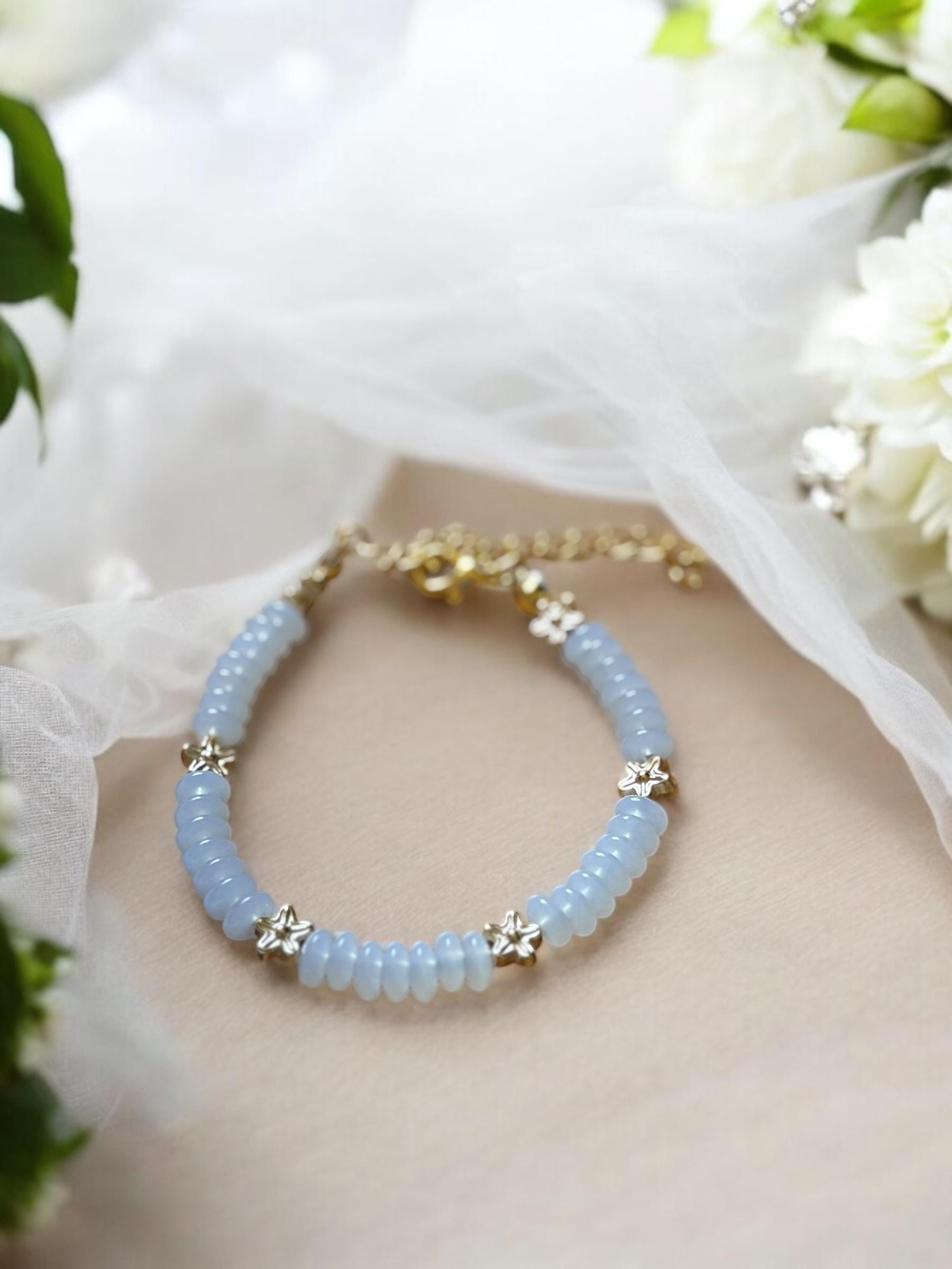 Flower Girl Bracelet: White Beaded Bracelet with Gold Flowers