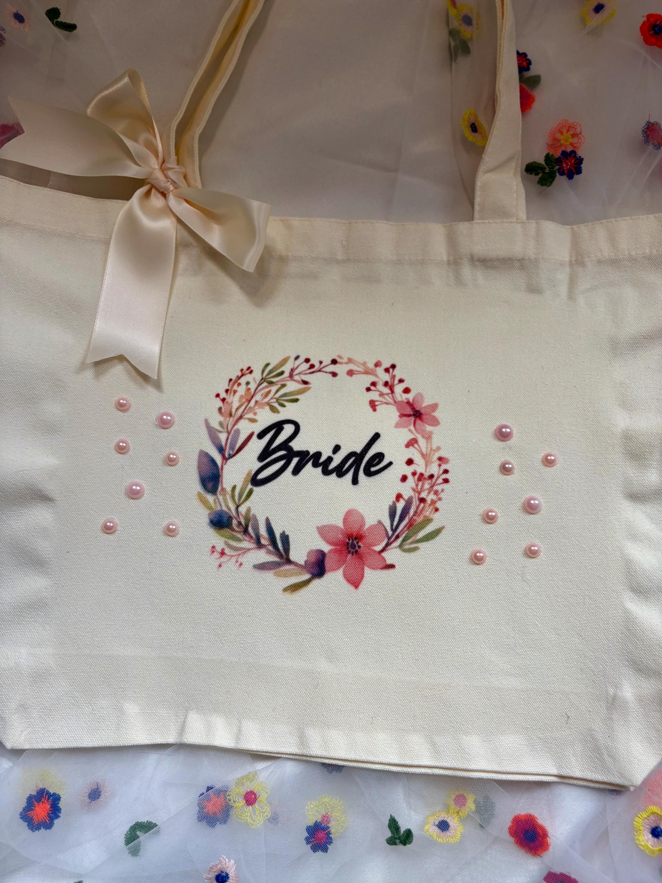 Floral Bride Tote Bag with Ribbon: Bridal Party Gift