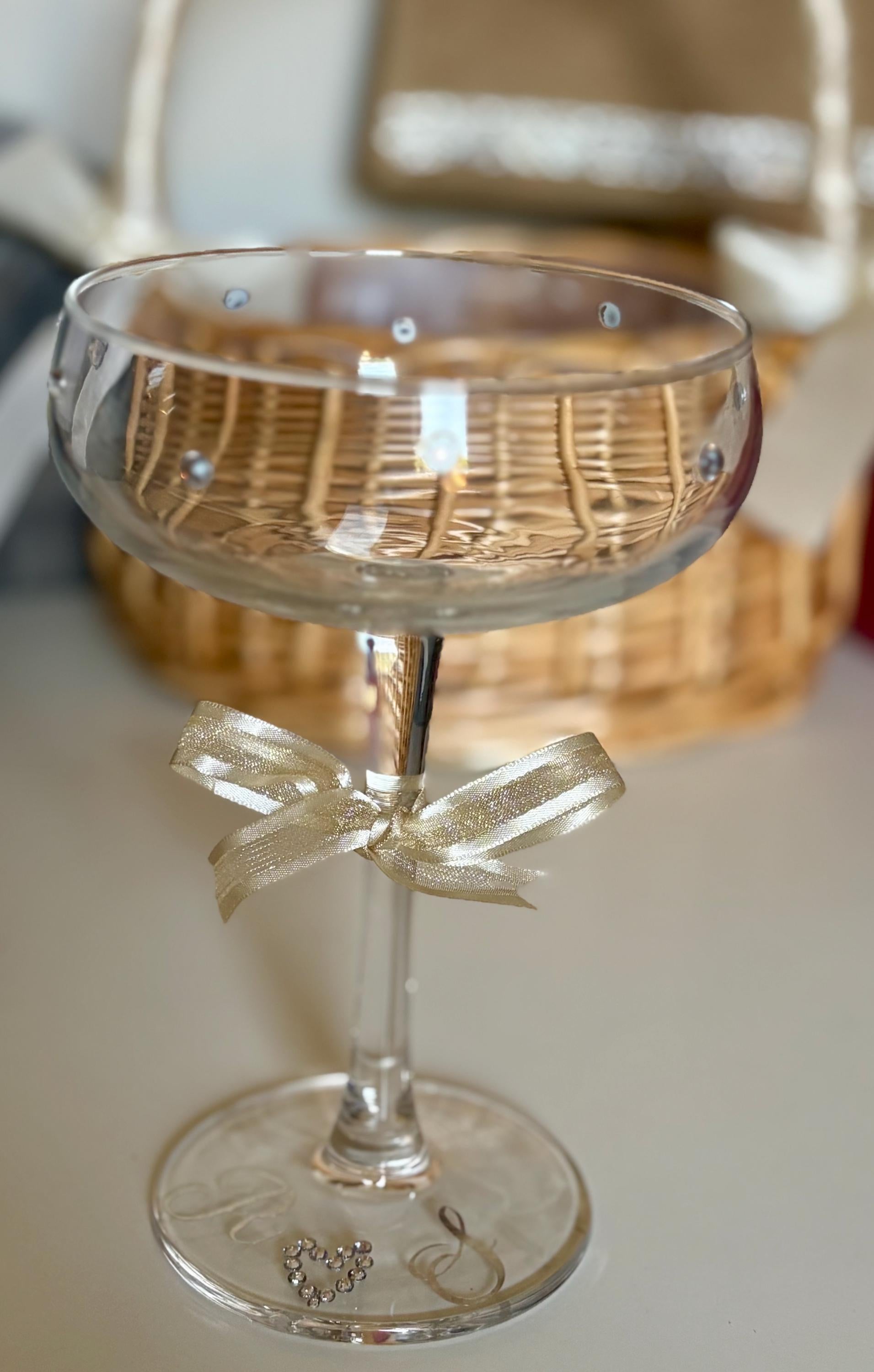 Personalised Rhinestone Champagne Glass - Custom Name with Bow & Heart Bridal Gift